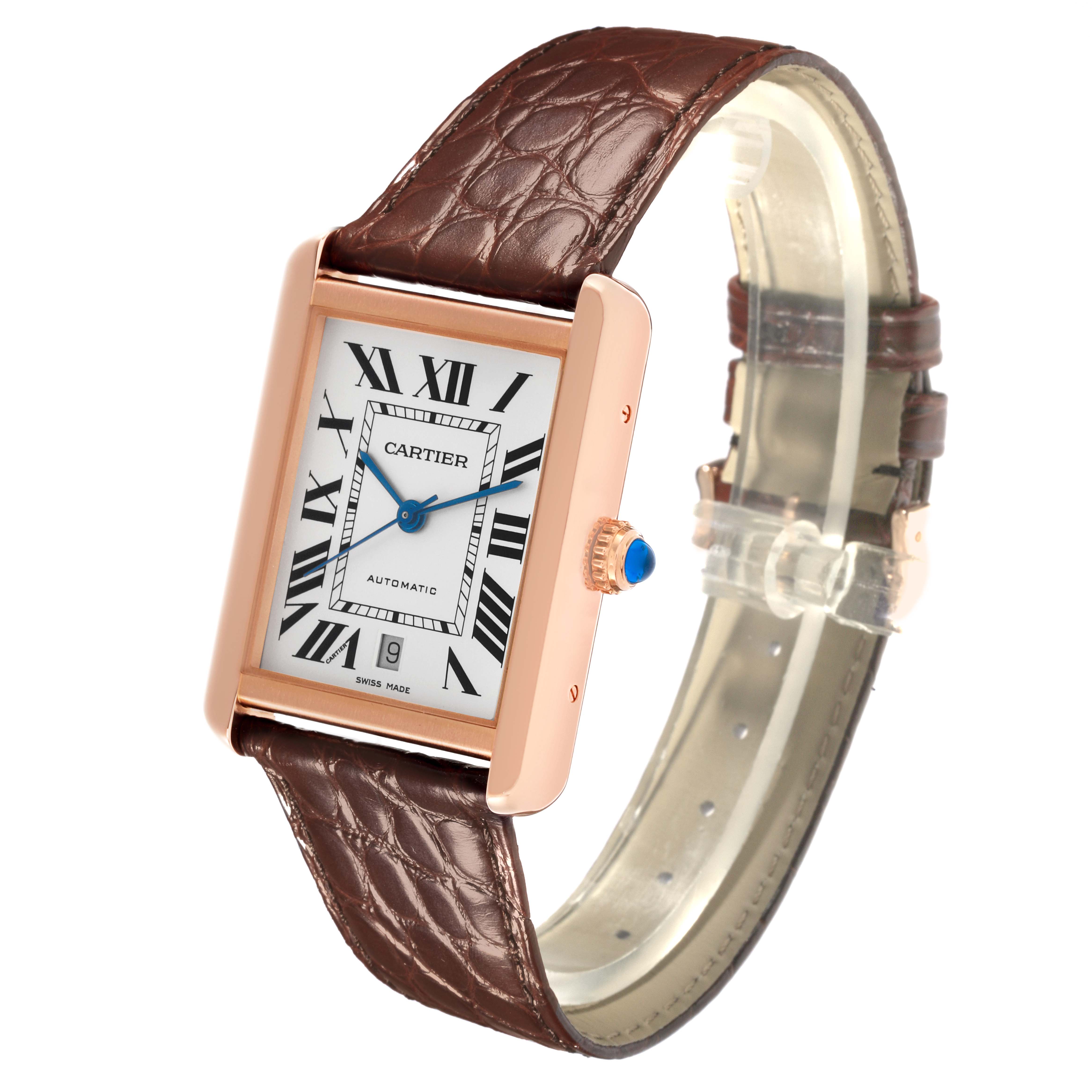 The Cartier Tank Solo W5200026 Men's Rose Gold Silver Dial W5200026 Men's Rose Gold Silver Dial watch is shown at a side angle, highlighting the dial, leather strap, and crown.