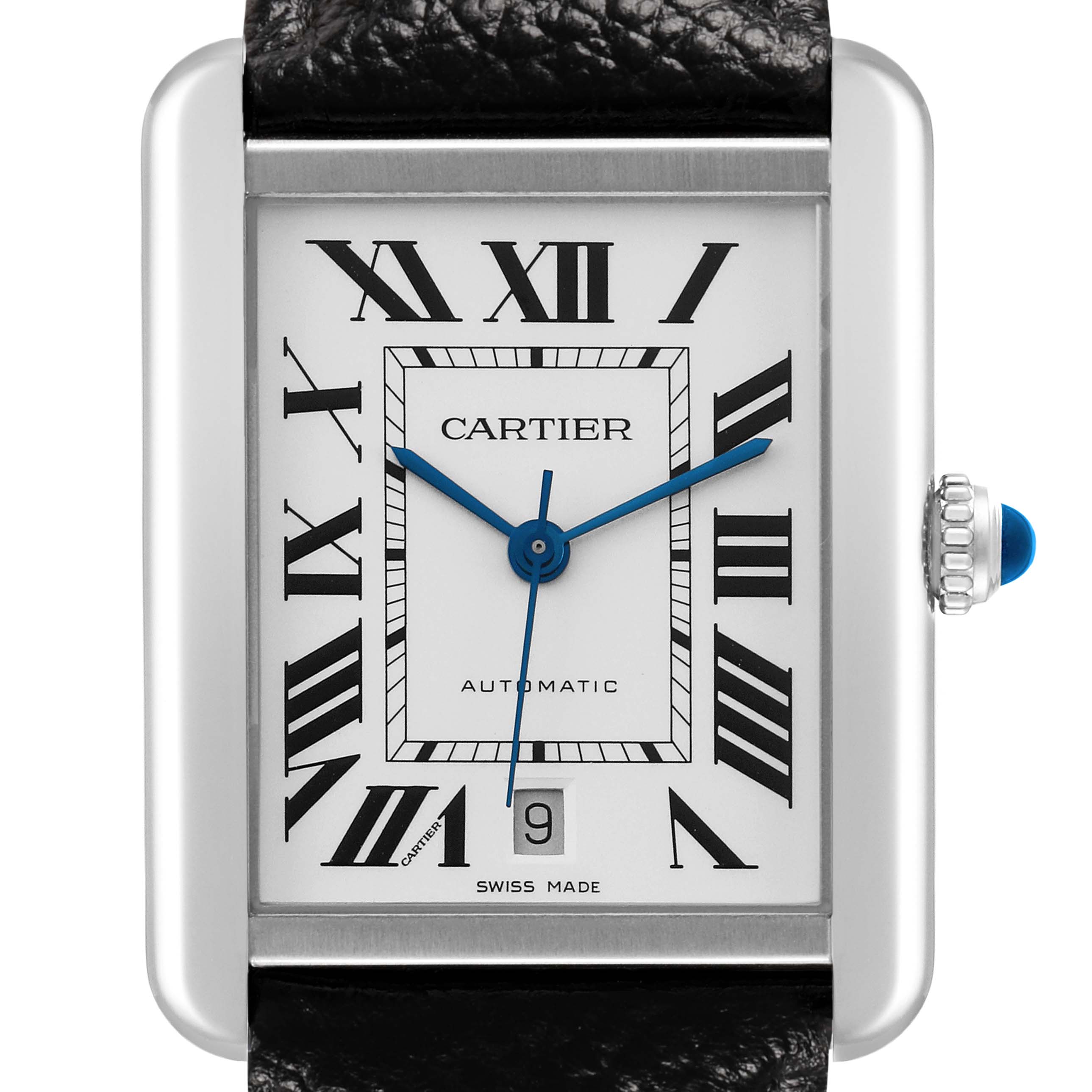 The Cartier Tank Solo W5200027 Men's Stainless Steel Silver Dial watch is shown from a front angle, displaying the dial, hands, crown, case, and strap.