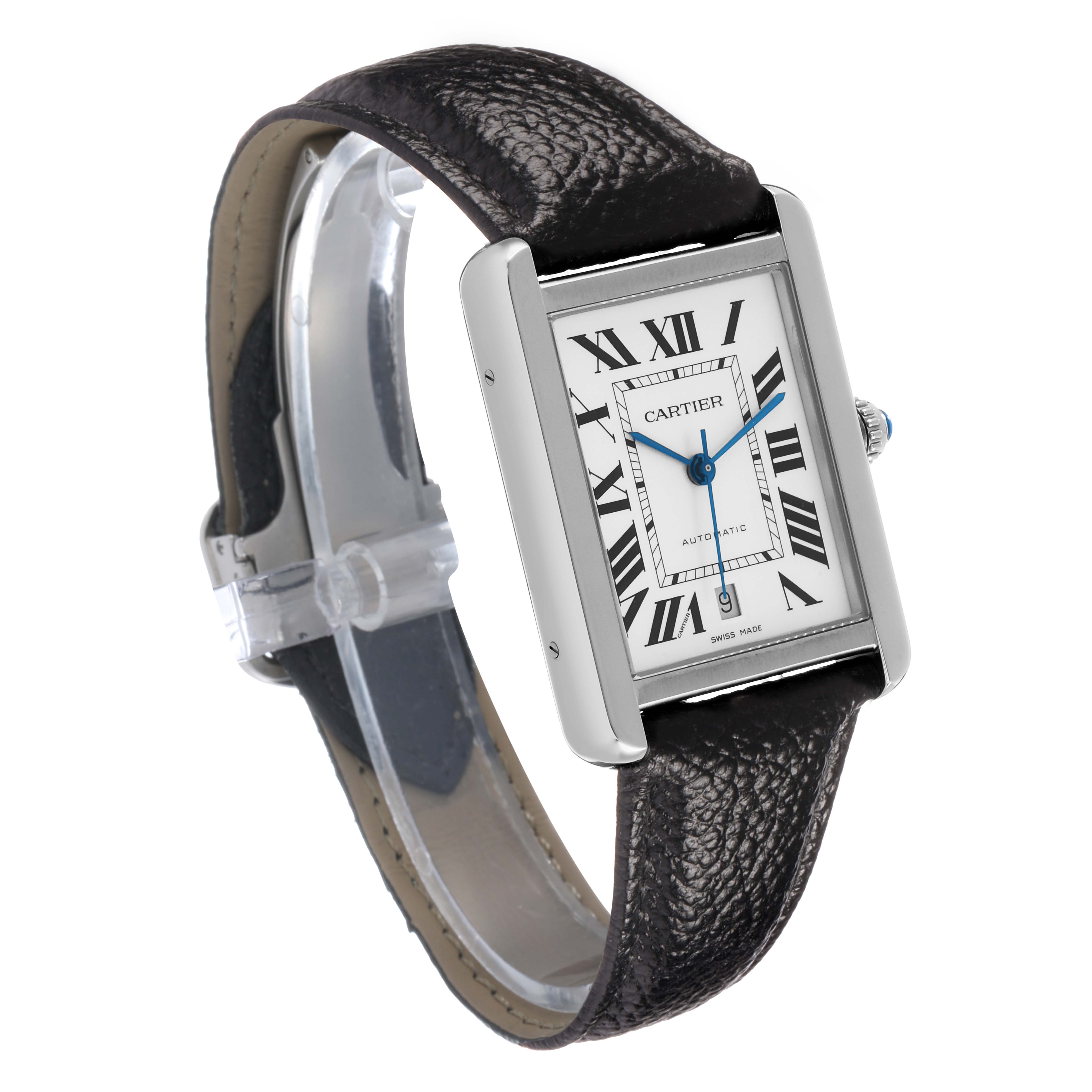 The Cartier Tank Solo W5200027 Men's Stainless Steel Silver Dial watch is shown at a three-quarter angle, highlighting the rectangular face, Roman numerals, and leather strap.