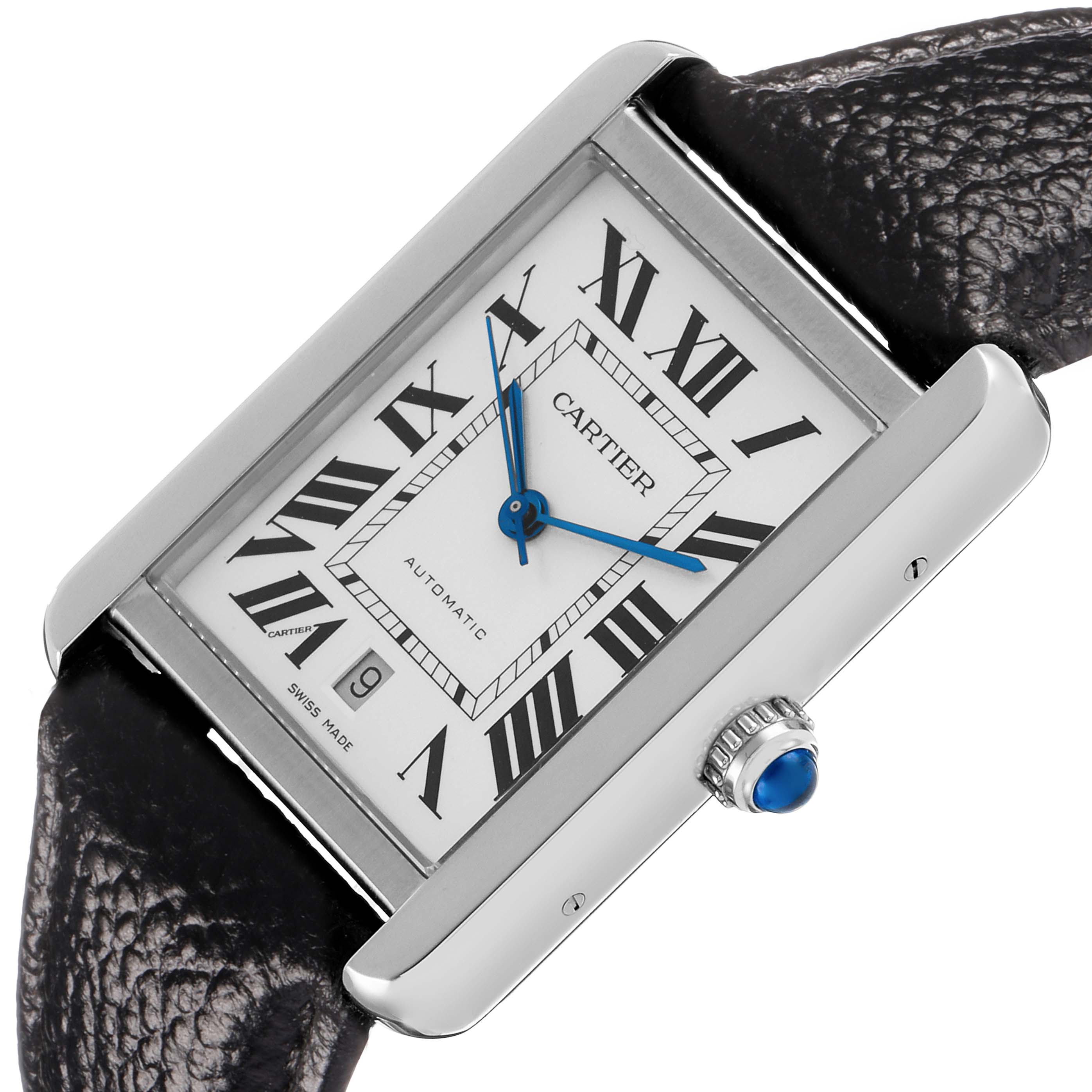 The Cartier Tank Solo W5200027 Men's Stainless Steel Silver Dial watch is shown at an angle highlighting the face, Roman numerals, blue hands, and a textured leather strap.