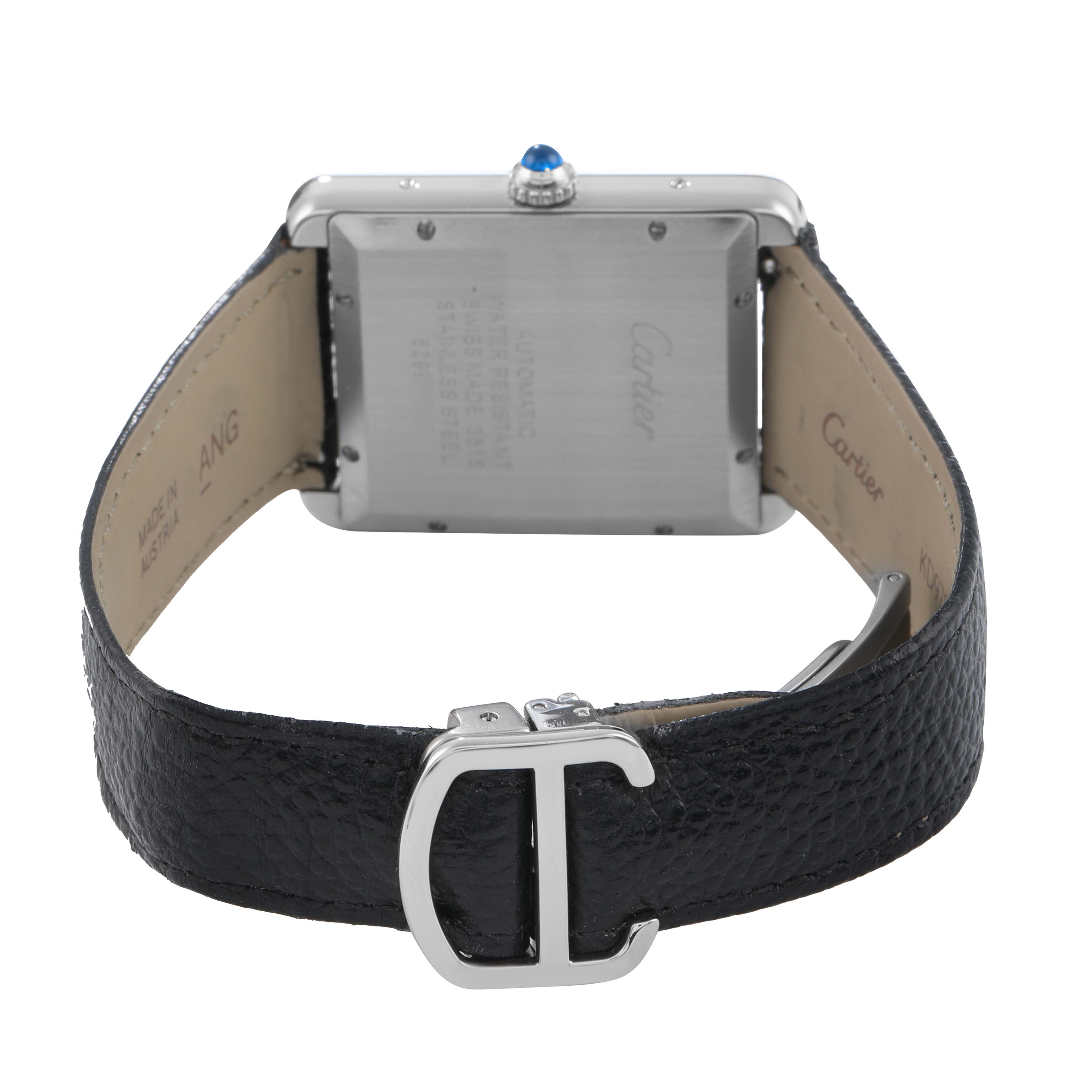 The image shows the back of a Cartier Tank Solo W5200027 Men's Stainless Steel Silver Dial watch, highlighting the case, crown, and black leather strap from a rear angle.