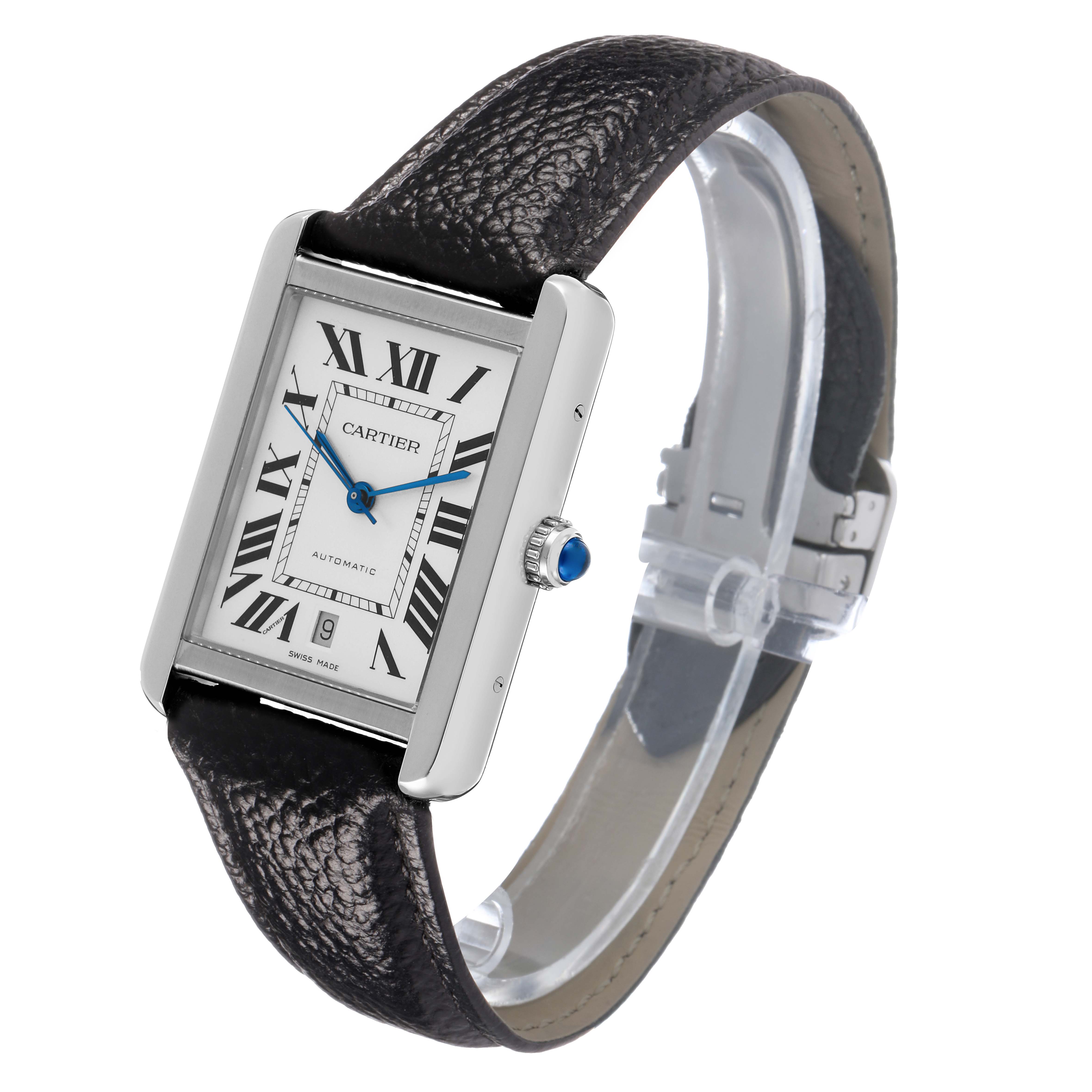 The Cartier Tank Solo W5200027 Men's Stainless Steel Silver Dial watch is shown at an angle highlighting its face, crown, and black leather strap.