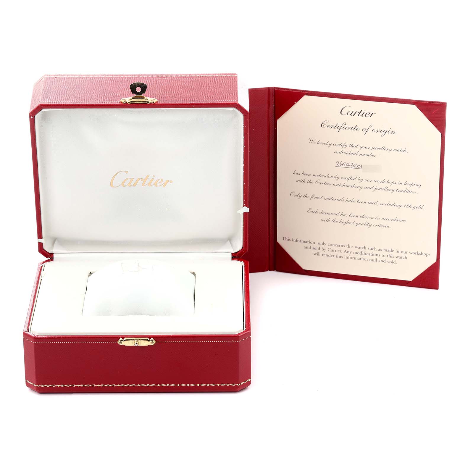 The image shows a red Cartier watch box for the Tortue model, along with a certificate of origin.