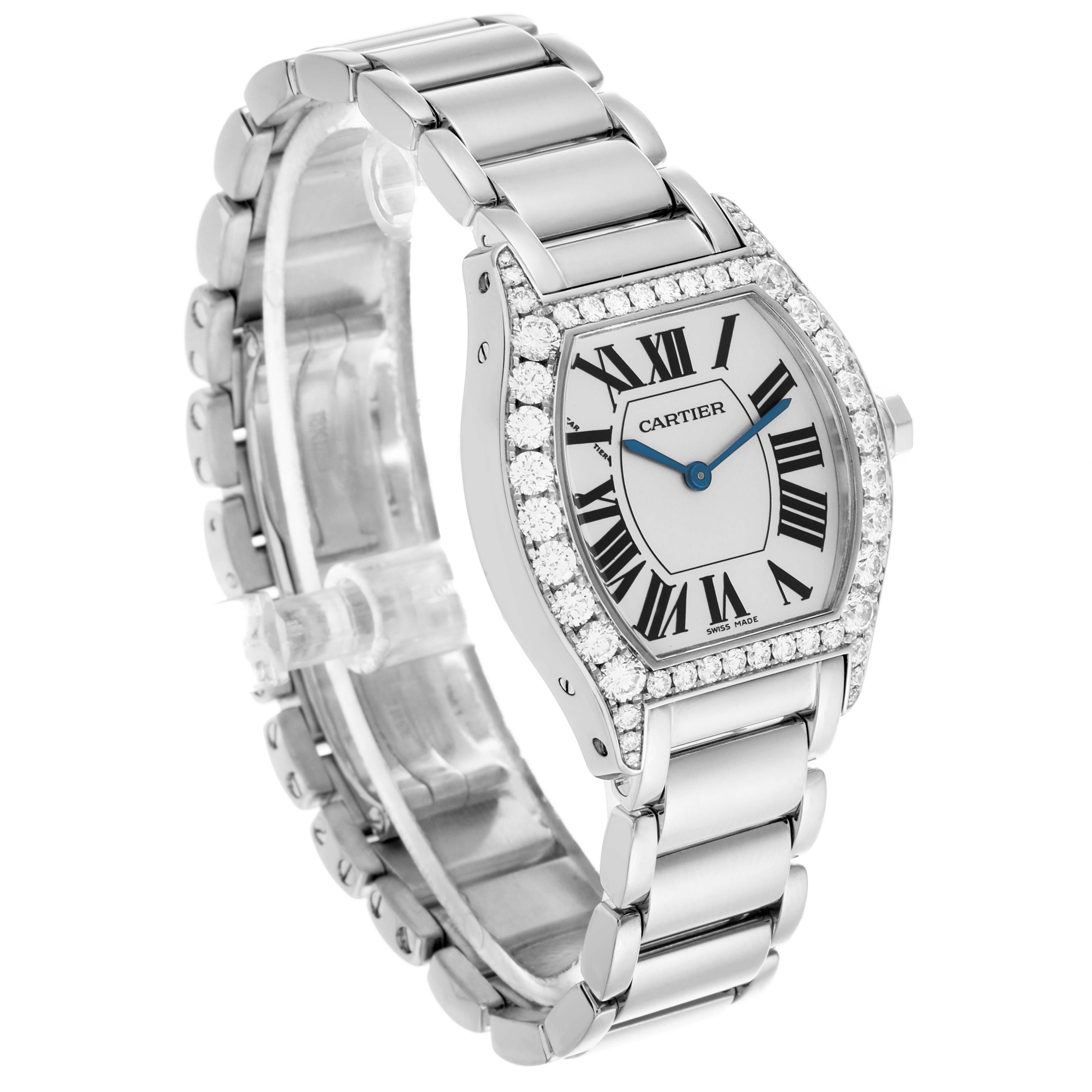 The Cartier Tortue WA5072W9 Women's White Gold Silver Dial WA5072W9 Women's White Gold Silver Dial watch is shown at a three-quarter angle, highlighting the face, bracelet, and diamond bezel.