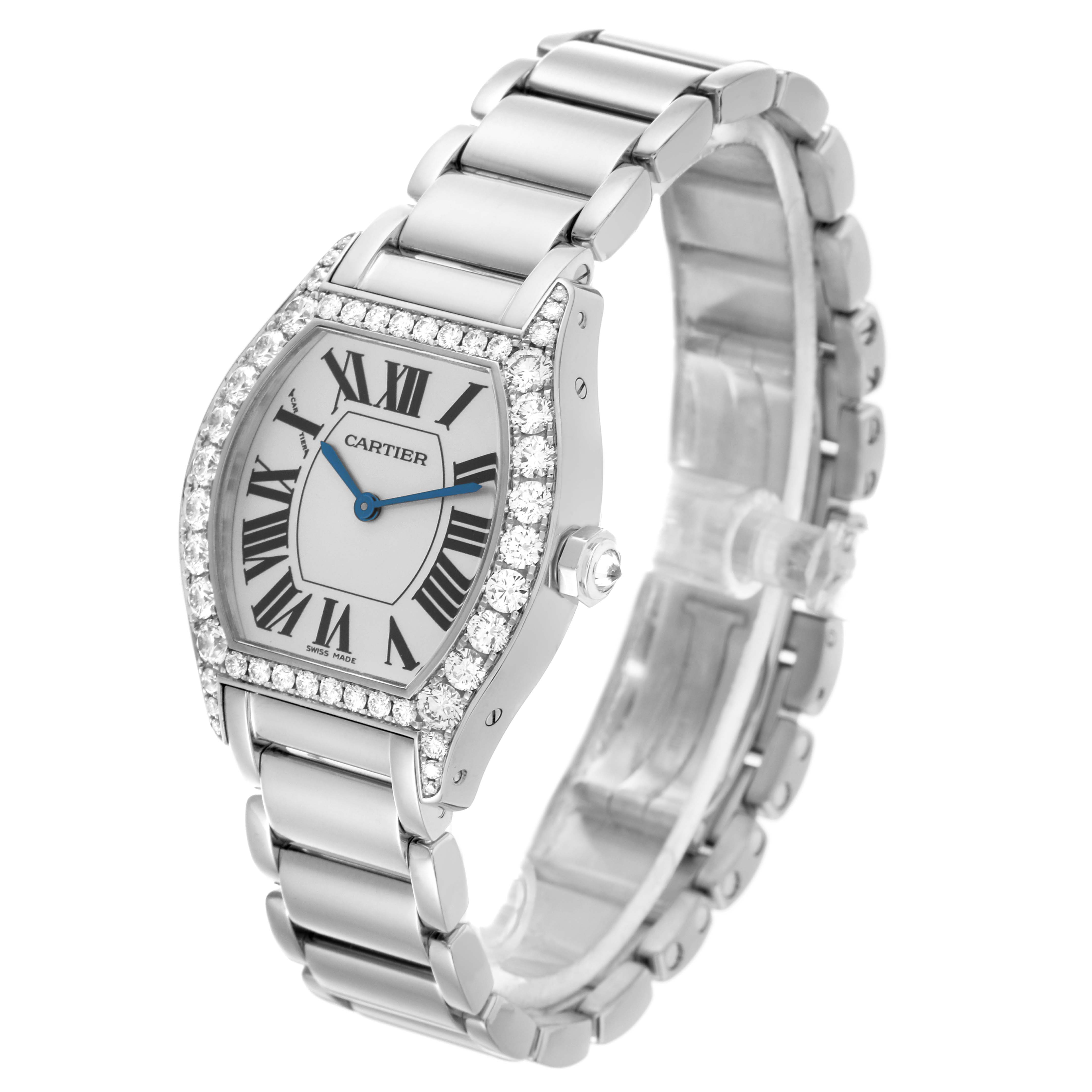 The Cartier Tortue WA5072W9 Women's White Gold Silver Dial WA5072W9 Women's White Gold Silver Dial watch is shown at a three-quarter angle, highlighting the face, bezel, and bracelet.