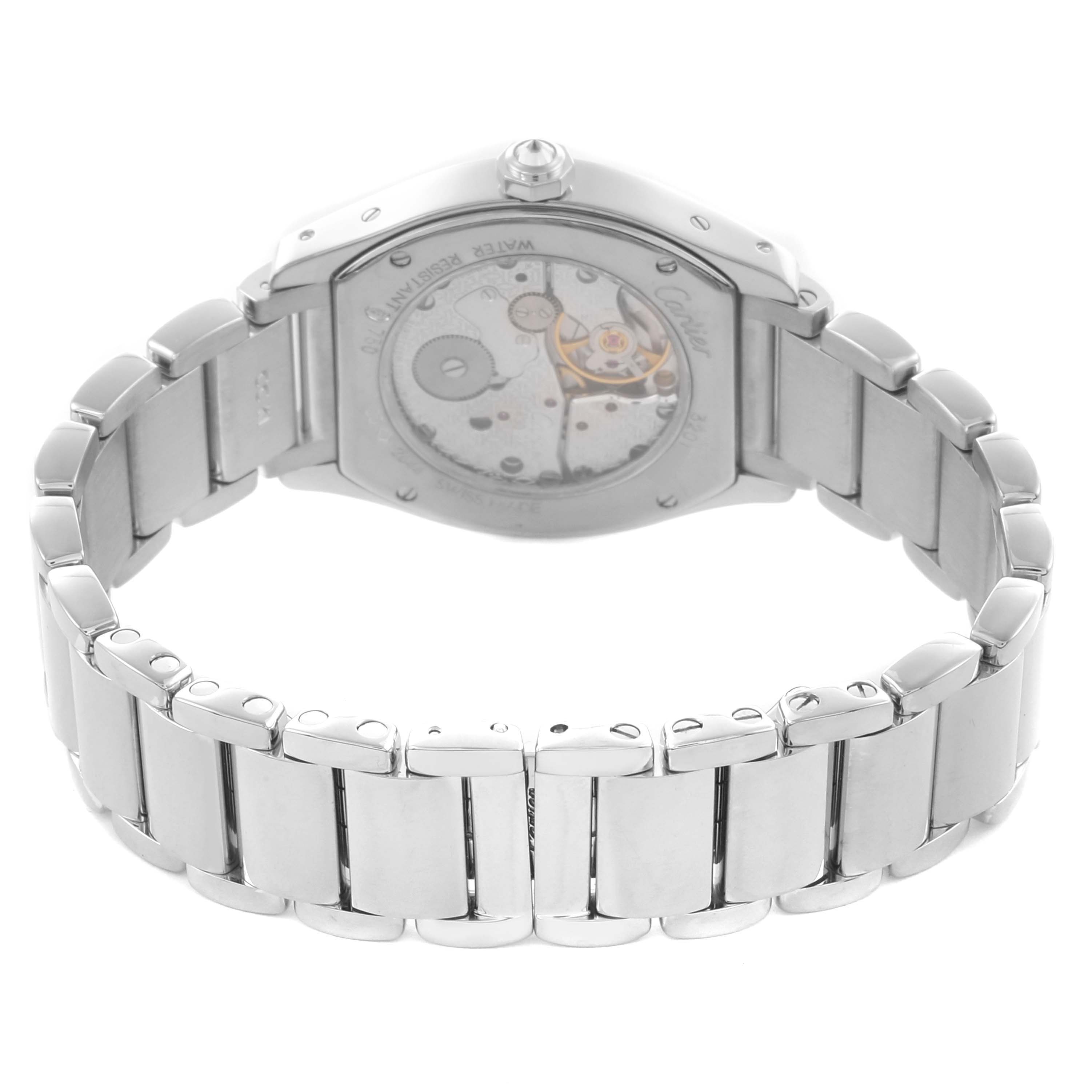 The Cartier Tortue WA5072W9 Women's White Gold Silver Dial WA5072W9 Women's White Gold Silver Dial watch is shown from the back, displaying the mechanism and a metal bracelet.