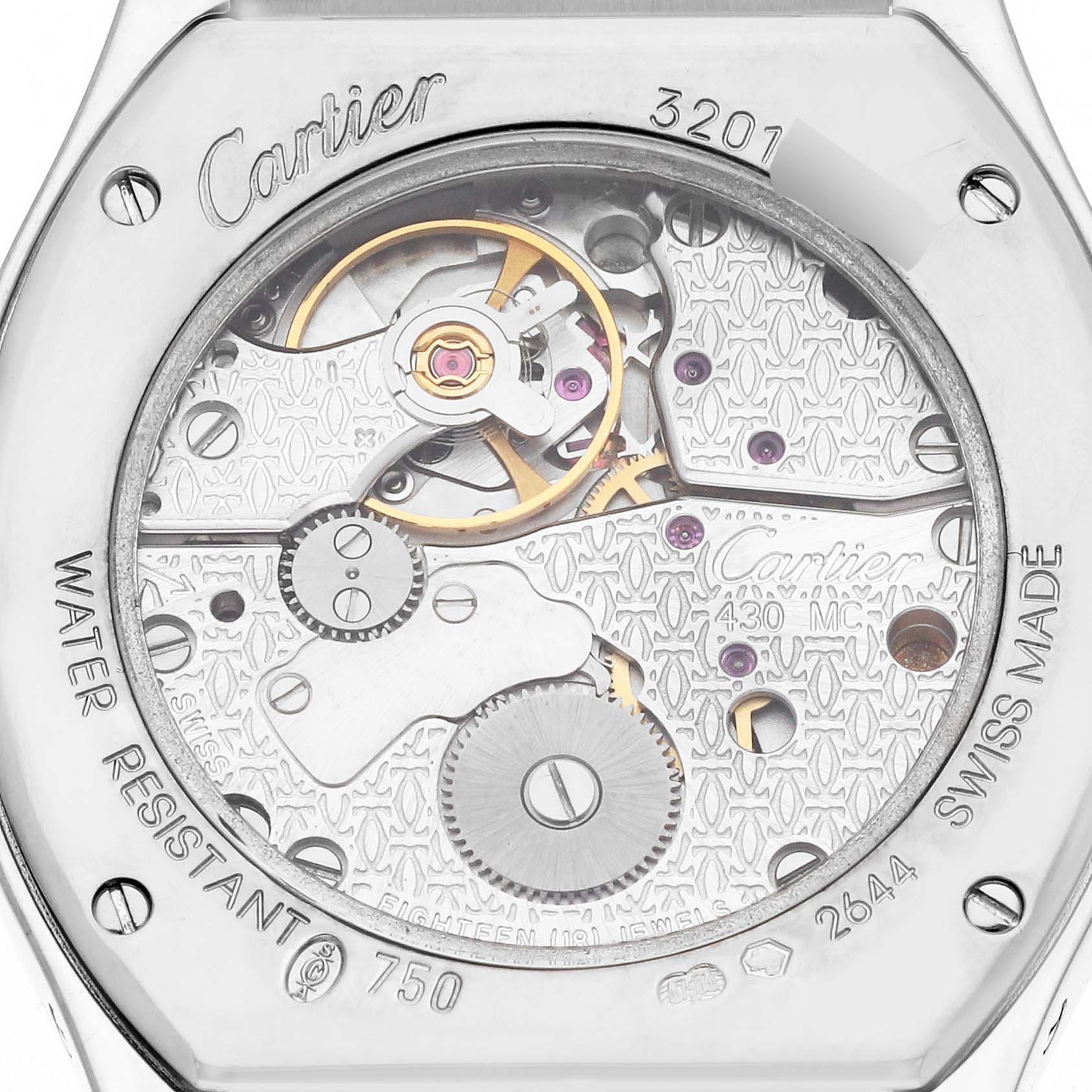 The image shows the back view of the Cartier Tortue WA5072W9 Women's White Gold Silver Dial WA5072W9 Women's White Gold Silver Dial watch, highlighting its intricate movement and internal gears.