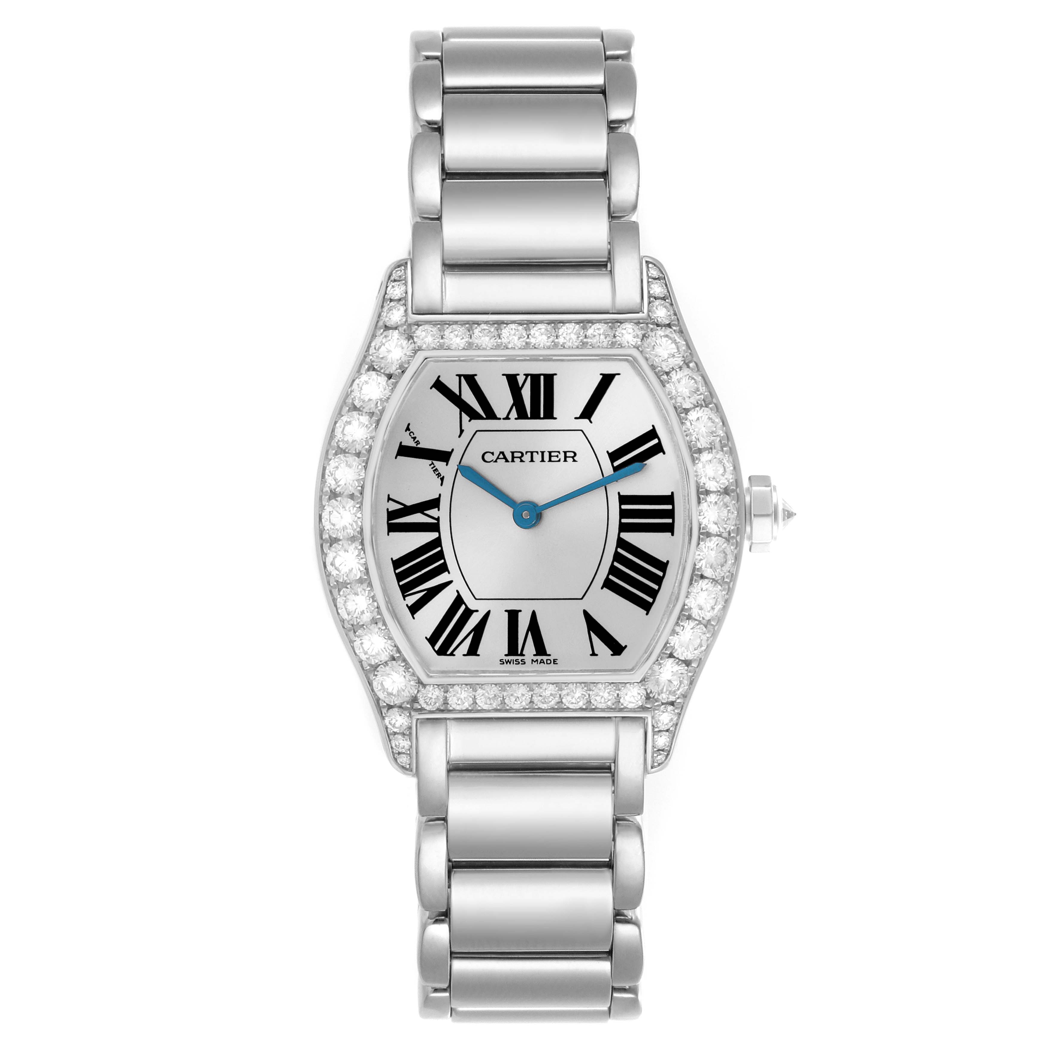 The Cartier Tortue WA5072W9 Women's White Gold Silver Dial WA5072W9 Women's White Gold Silver Dial watch is shown from the front, displaying its face, bezel with diamonds, and metal bracelet.