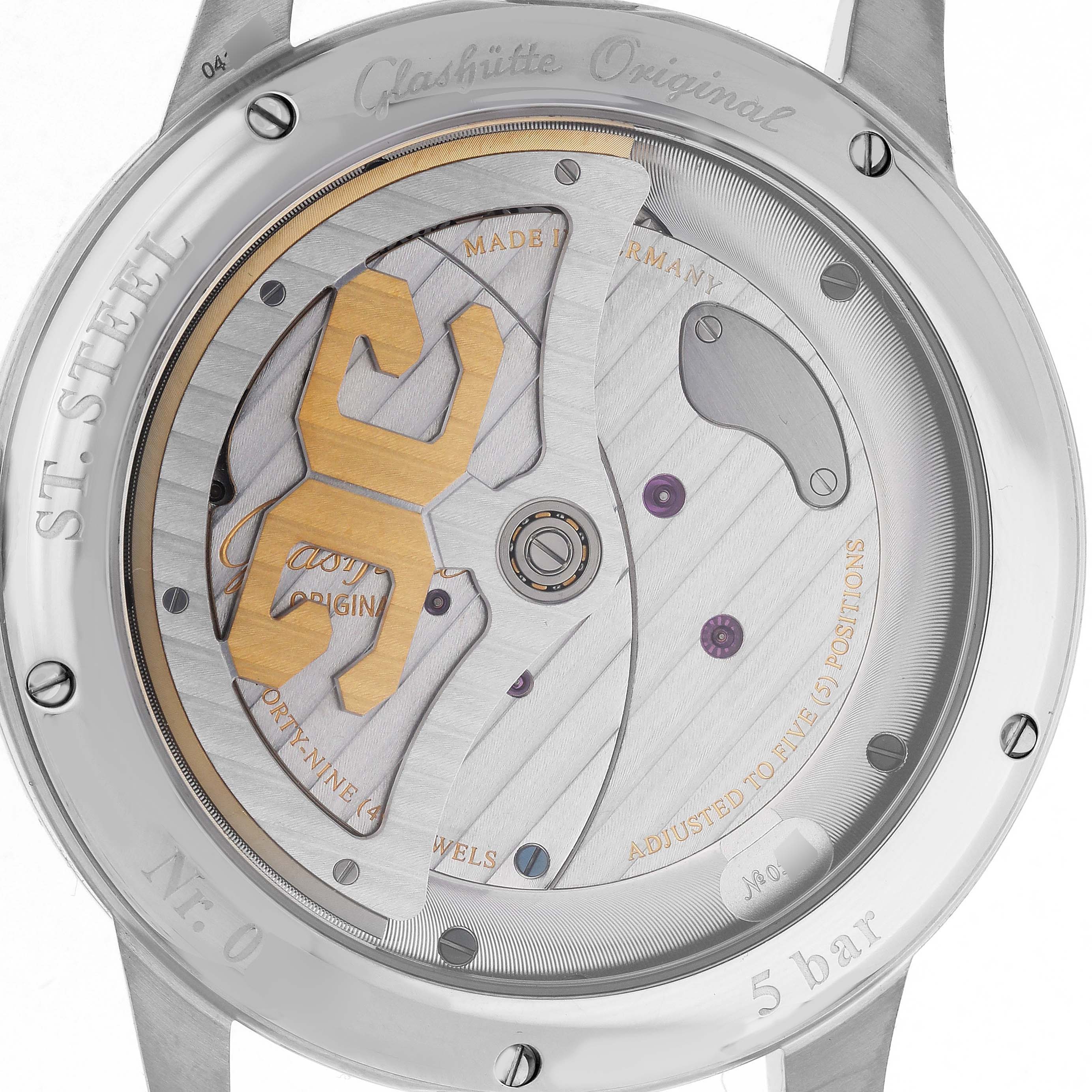 The image shows the back of the Glashütte Original watch, highlighting its intricate mechanical movement.