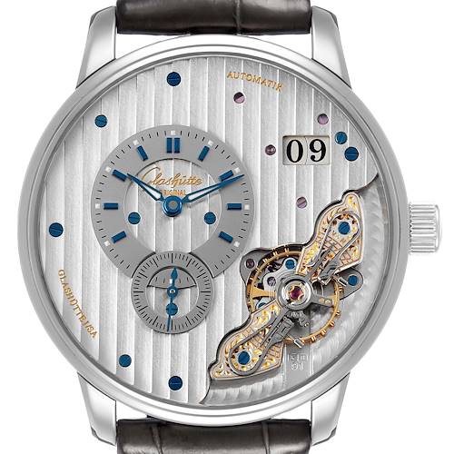 The Glashütte Original model is shown from a front angle, highlighting the dial, open balance wheel, and date display.