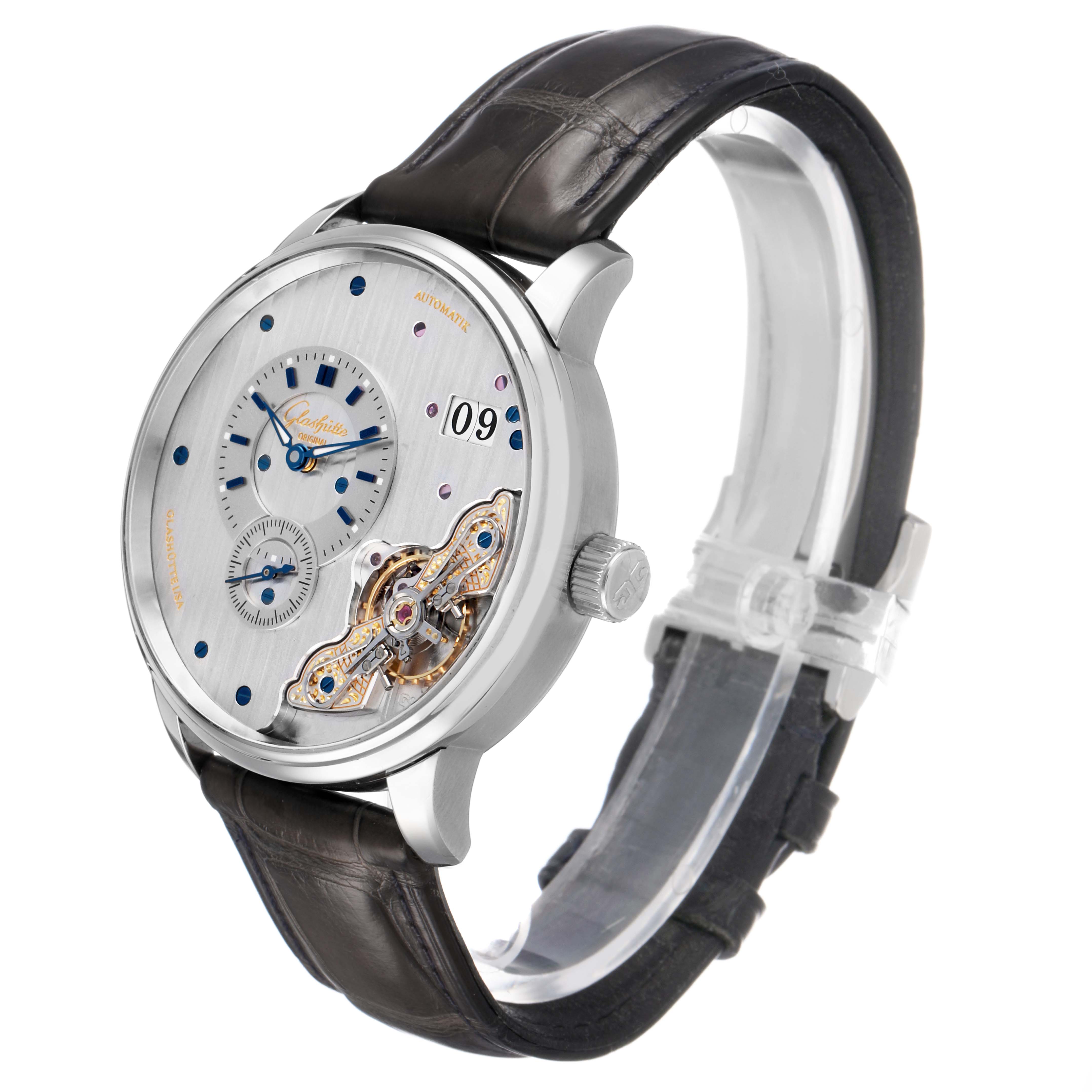 The Glashutte Original 1-91-02-02-02-30 Men's Stainless Steel Silver Dial model is shown at a three-quarter angle, highlighting the dial, open mechanism, and leather strap.