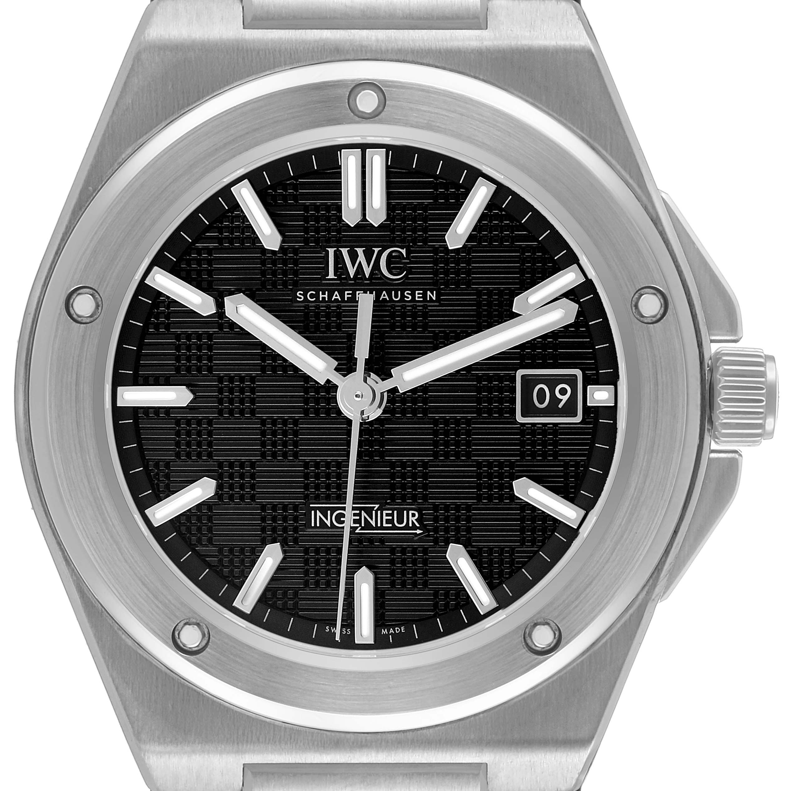The IWC Ingenieur IW328901 Men's Stainless Steel Black Dial watch is shown from a front angle, displaying its dial, bezel, and crown.