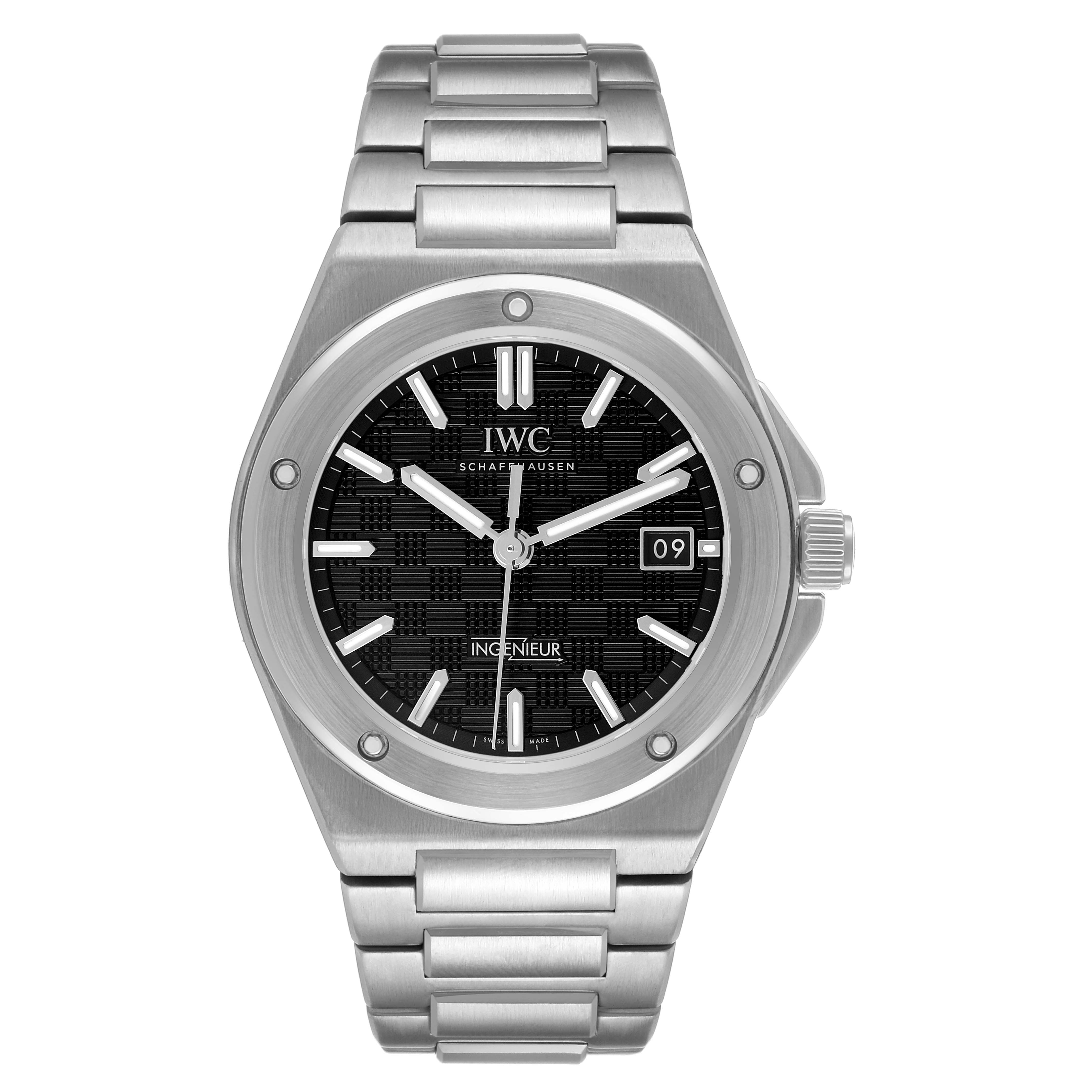 The IWC Ingenieur IW328901 Men's Stainless Steel Black Dial watch is shown from a front angle, displaying its face, bracelet, and bezel.