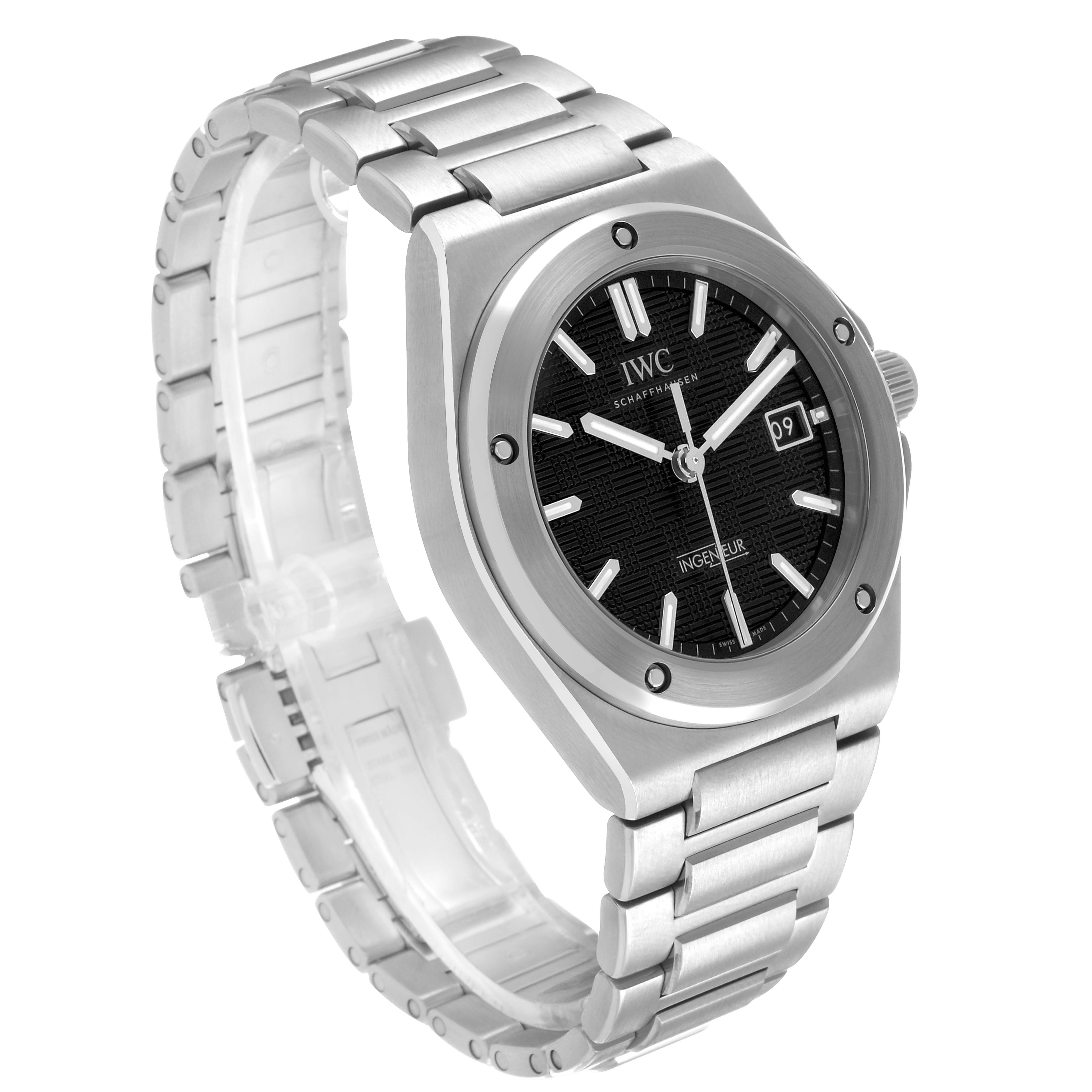 The IWC Ingenieur IW328901 Men's Stainless Steel Black Dial watch is shown at a three-quarter angle, highlighting the face, bezel, and bracelet.
