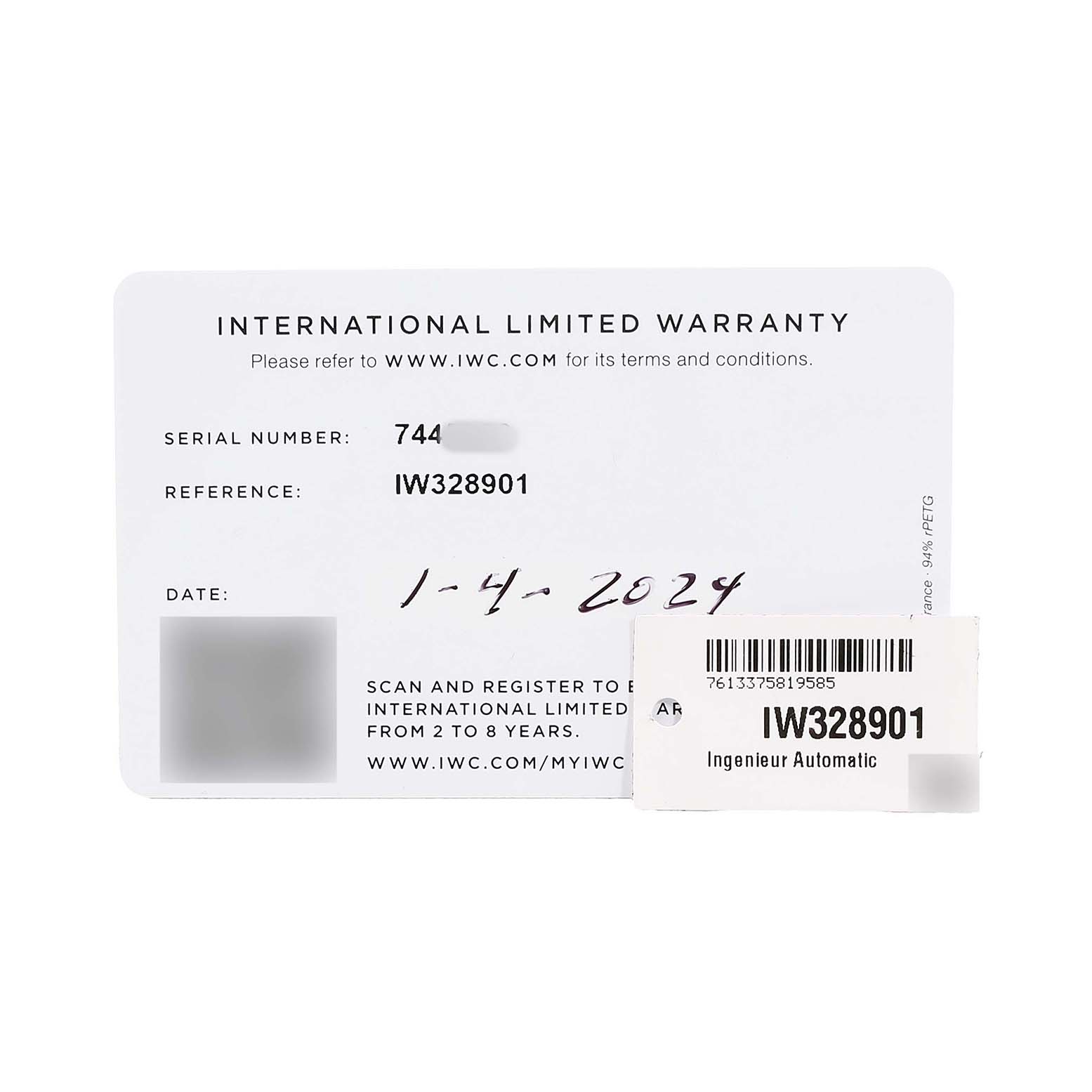 The image shows an IWC Ingenieur IW328901 Men's Stainless Steel Black Dial model warranty card with reference number and purchase date.