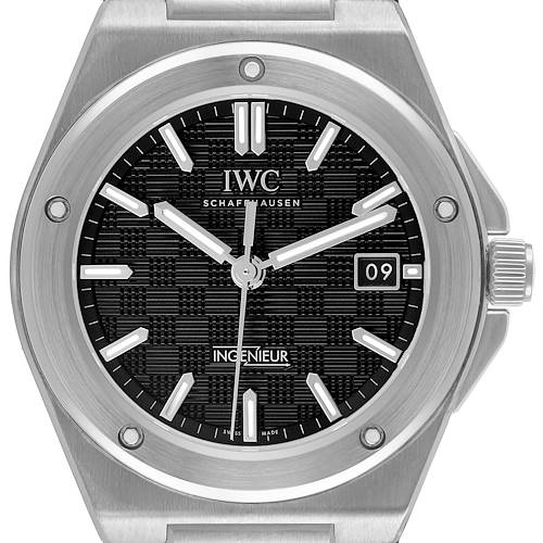 The IWC Ingenieur IW328901 Men's Stainless Steel Black Dial watch is shown from the front, displaying the dial, bezel, and crown clearly.