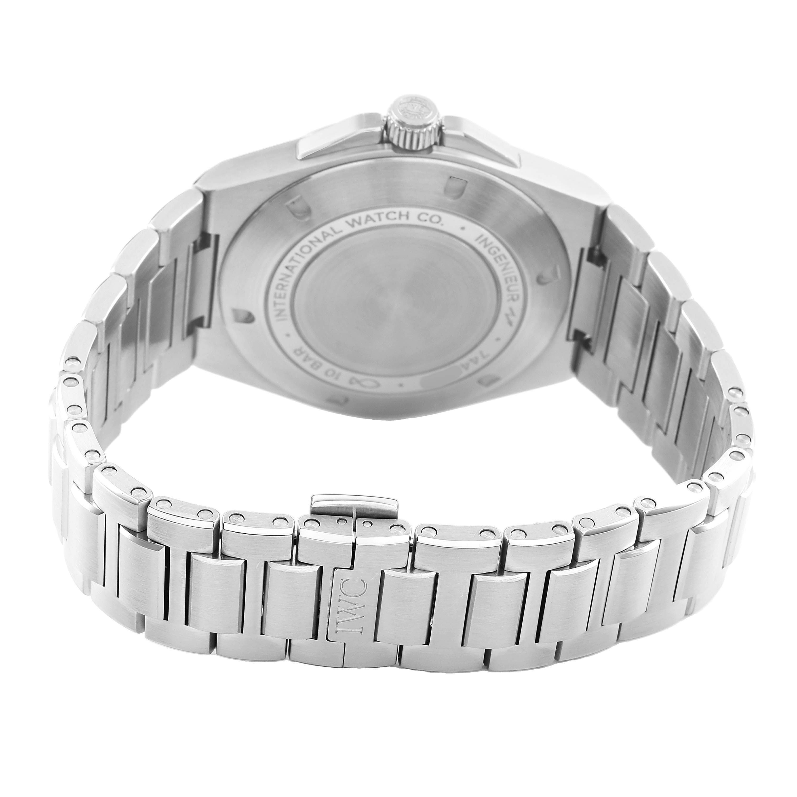 The image shows the back of an IWC Ingenieur IW328901 Men's Stainless Steel Black Dial watch, highlighting the case back and stainless steel bracelet with clasp.