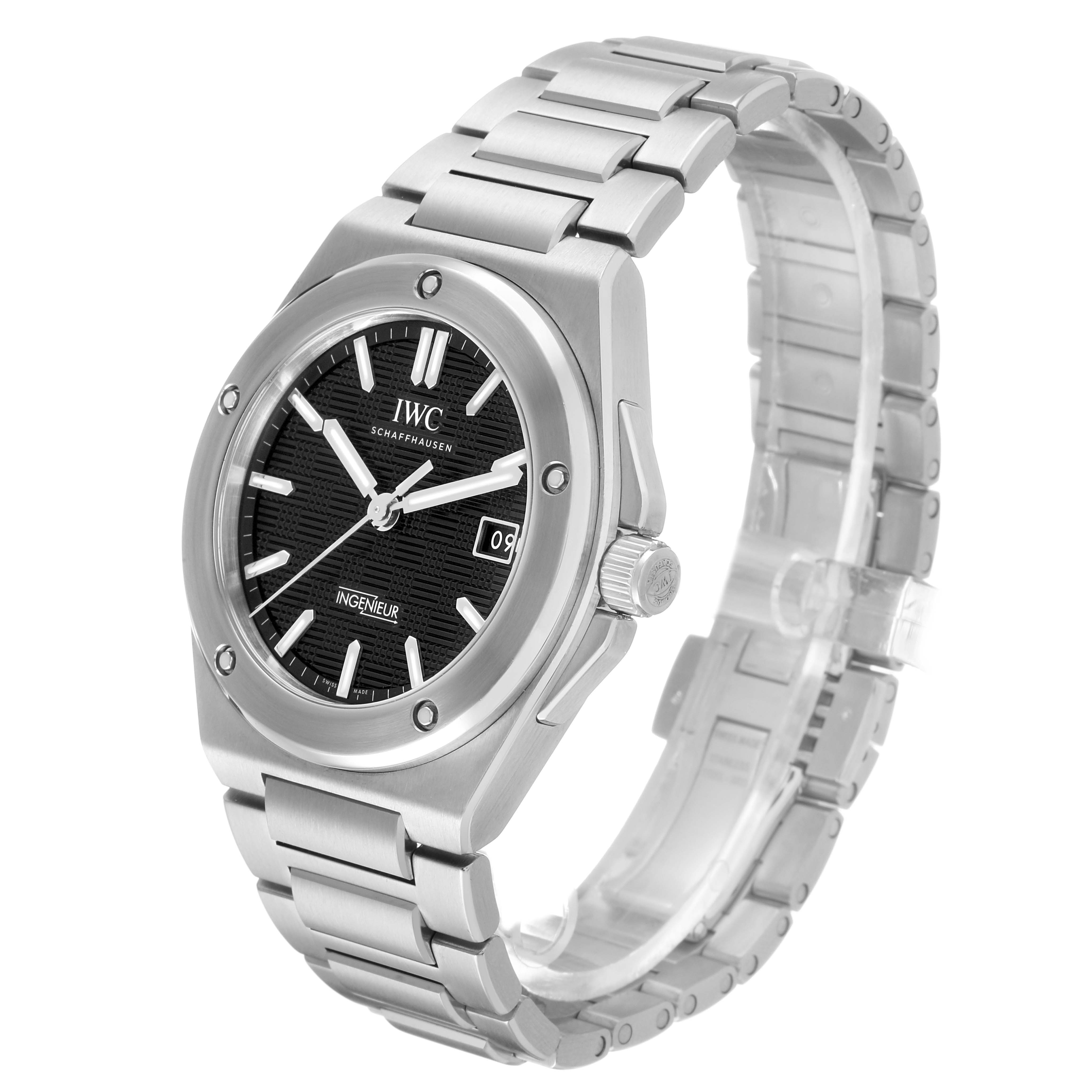 The IWC Ingenieur IW328901 Men's Stainless Steel Black Dial watch is shown at a three-quarter angle, highlighting the bracelet, bezel, dial, and crown.