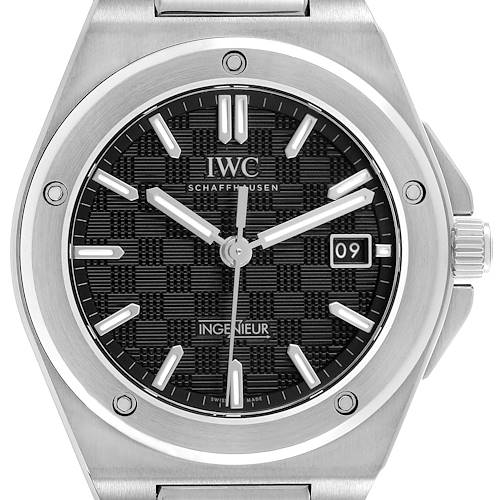 The IWC Ingenieur IW328901 Men's Stainless Steel Black Dial watch is shown from a front angle, displaying the face, bezel, and crown.