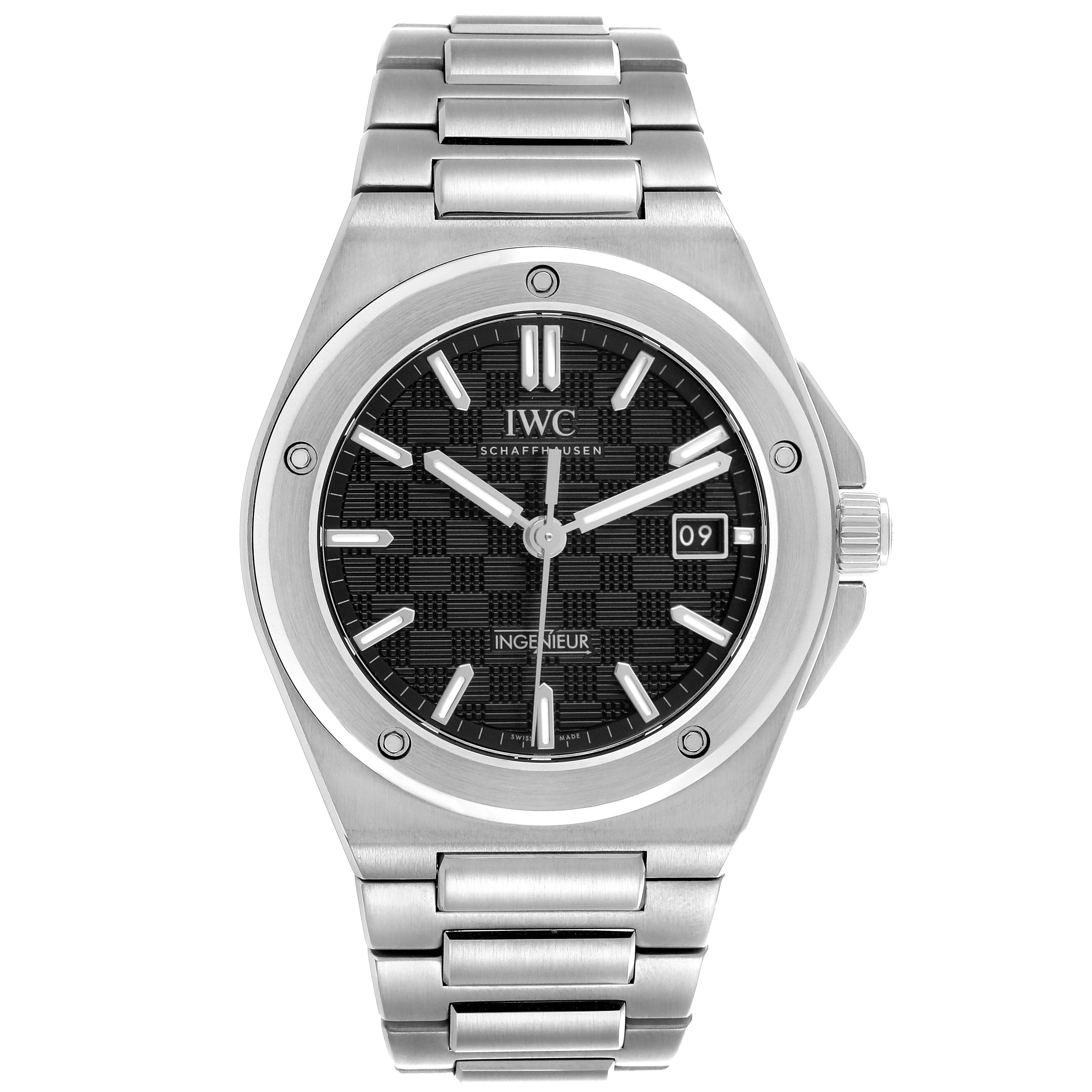 The IWC Ingenieur IW328901 Men's Stainless Steel Black Dial watch is shown from the front, displaying the face, bezel, crown, and part of the bracelet.