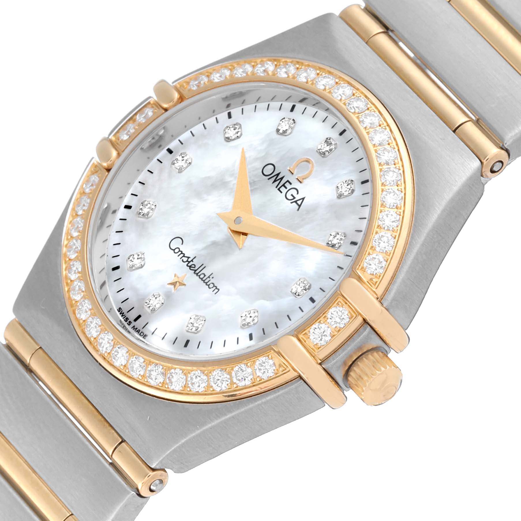 The Omega 1277.75.00 Women's Steel and Gold (two tone) Mother of Pearl Dial 1277.75.00 Women's Steel and Gold (two tone) Mother of Pearl Dial Constellation 95 Steel Yellow Gold Mother Of Pearl Diamond Ladies Watch 1277.75.00 is shown at an angled close-up, highlighting the face and part of the bracelet.