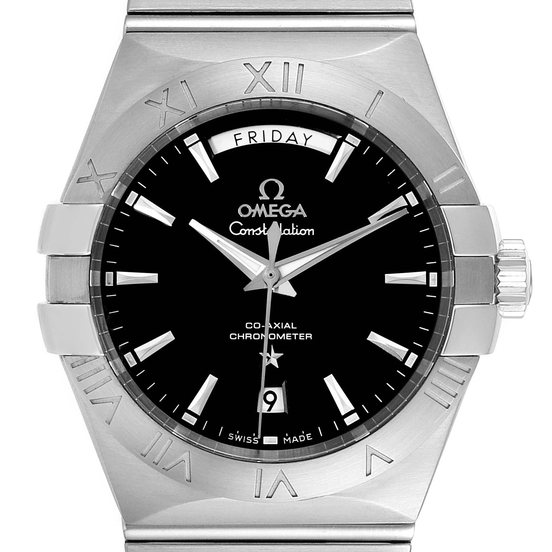 The image shows a close-up of the Omega Constellation 123.10.38.22.01.001 Men's Stainless Steel Black Dial 123.10.38.22.01.001 Men's Stainless Steel Black Dial watch face, including the bezel, dial, hands, and crown.