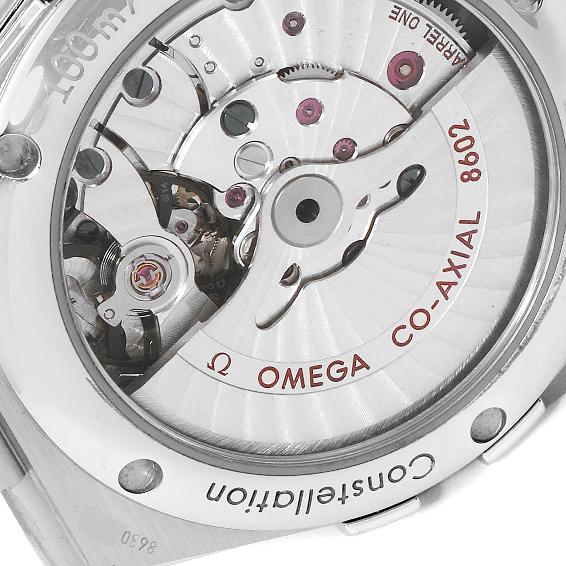 The image shows the back view of an Omega Constellation 123.10.38.22.01.001 Men's Stainless Steel Black Dial 123.10.38.22.01.001 Men's Stainless Steel Black Dial watch, revealing its internal mechanical movement.