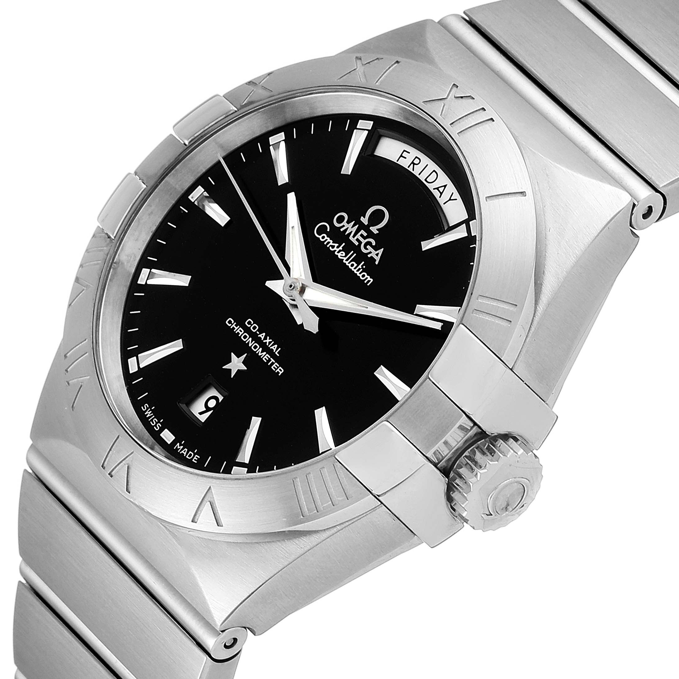 The image shows a close-up, angled view of the bezel, dial, crown, and part of the bracelet of an Omega Constellation 123.10.38.22.01.001 Men's Stainless Steel Black Dial 123.10.38.22.01.001 Men's Stainless Steel Black Dial watch.