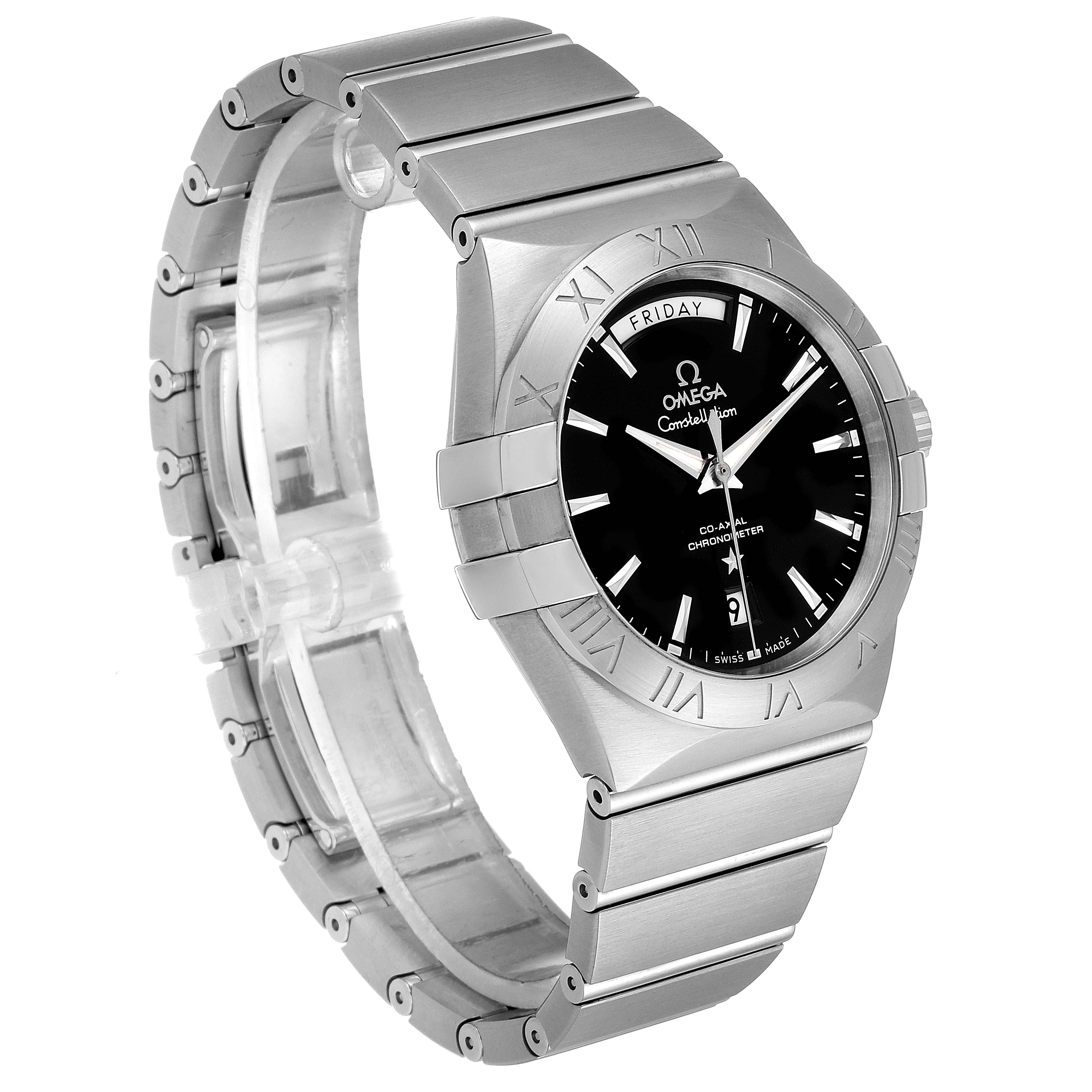 The image shows the Omega Constellation 123.10.38.22.01.001 Men's Stainless Steel Black Dial 123.10.38.22.01.001 Men's Stainless Steel Black Dial watch at a three-quarter angle, highlighting its face, bezel, and bracelet.