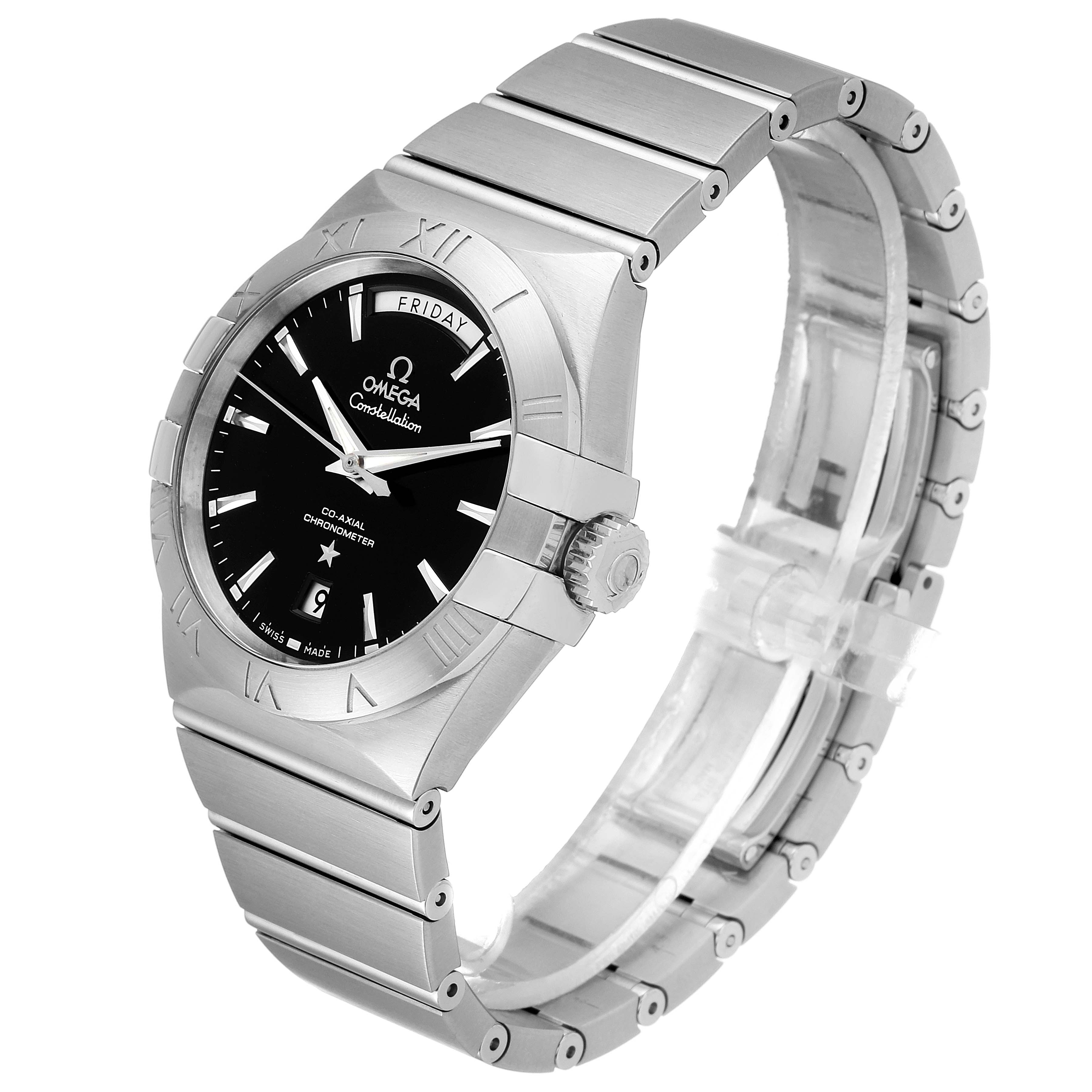 The image shows a side angle of an Omega Constellation 123.10.38.22.01.001 Men's Stainless Steel Black Dial 123.10.38.22.01.001 Men's Stainless Steel Black Dial watch, highlighting the face, bezel, bracelet, and crown.