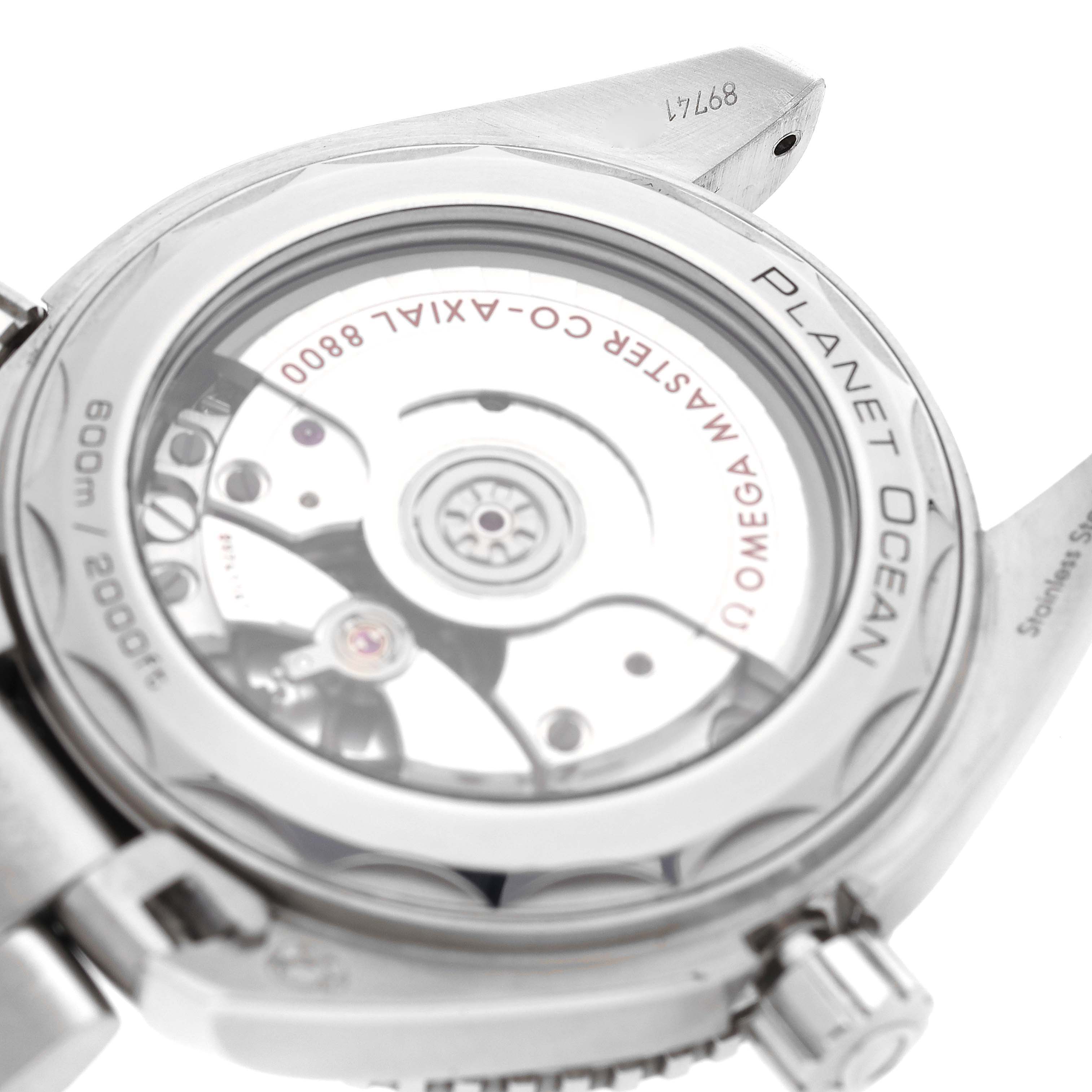 The image shows the back case of an Omega Planet Ocean 215.30.40.20.01.001 Men
s Stainless Steel Black Dial 215.30.40.20.01.001 Men
s Stainless Steel Black Dial watch, highlighting its internal mechanism and model engravings.