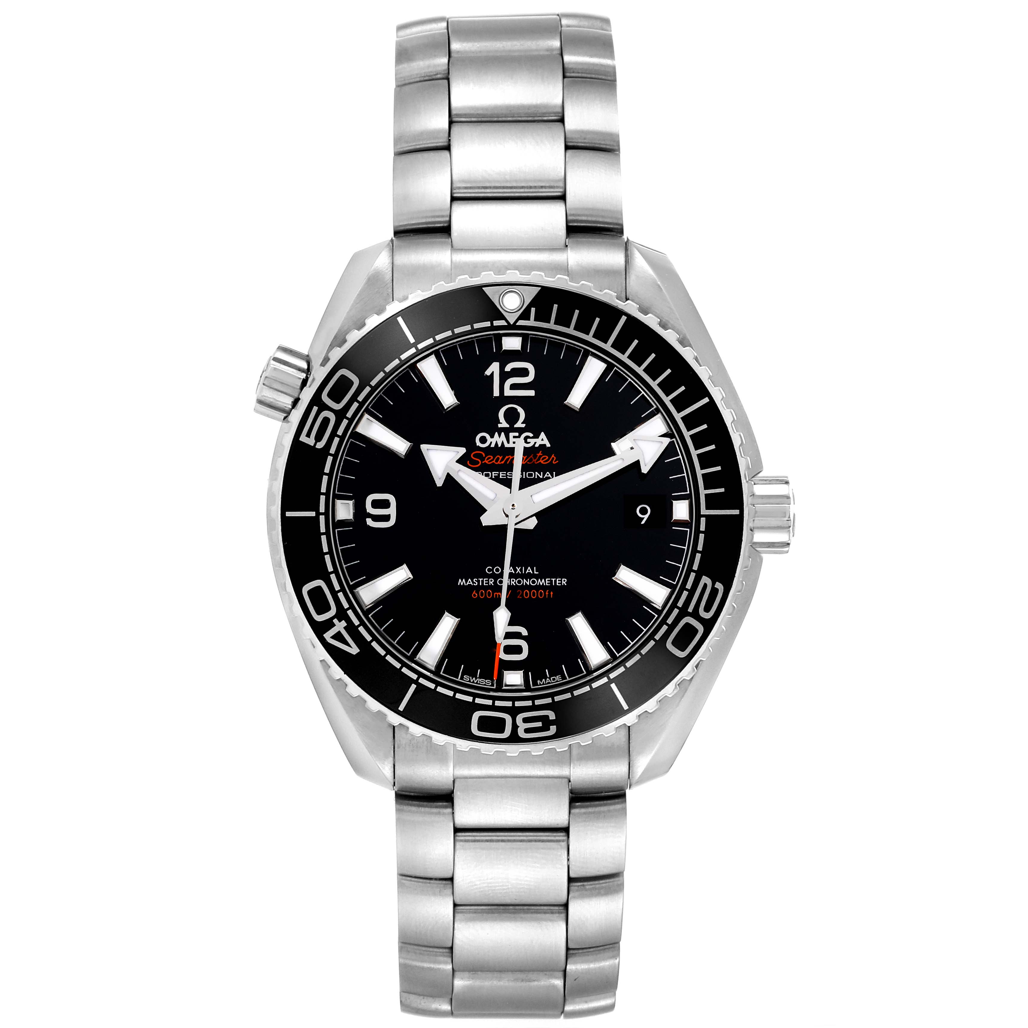 The image shows a front view of the Omega Planet Ocean 215.30.40.20.01.001 Men
s Stainless Steel Black Dial 215.30.40.20.01.001 Men
s Stainless Steel Black Dial watch, displaying its dial, bezel, crown, and metal bracelet.