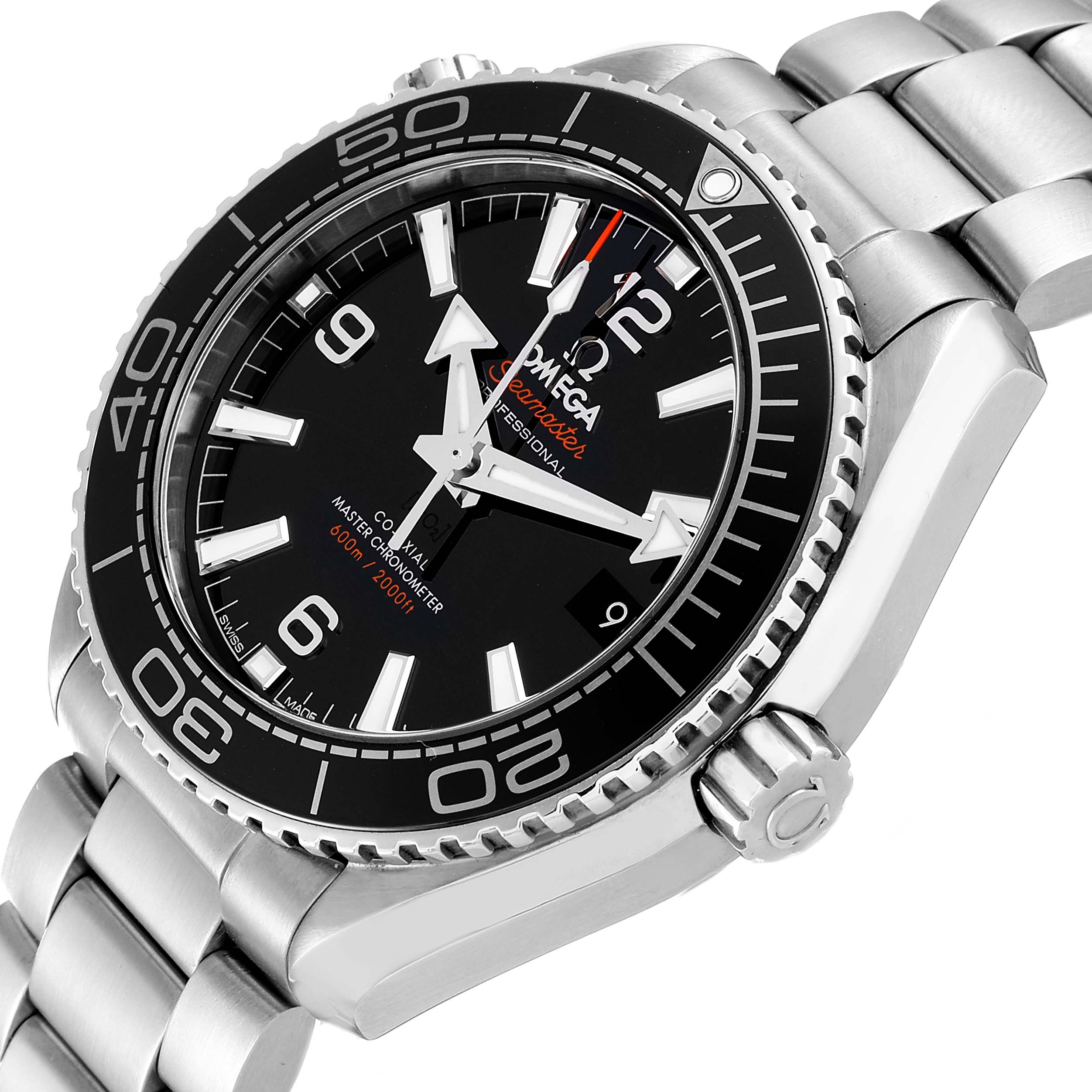 The image shows a close-up angle of the Omega Planet Ocean 215.30.40.20.01.001 Men
s Stainless Steel Black Dial 215.30.40.20.01.001 Men
s Stainless Steel Black Dial watch, highlighting its dial, bezel, and bracelet.