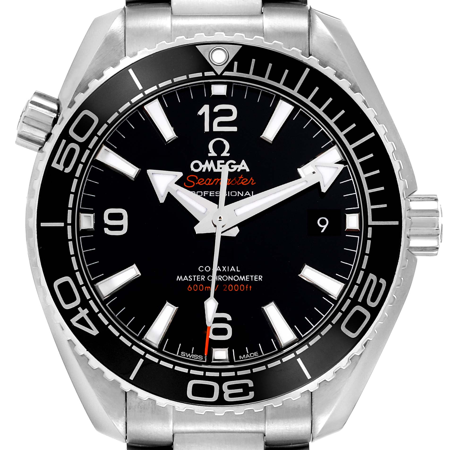 This is a front view of an Omega Planet Ocean 215.30.40.20.01.001 Men
s Stainless Steel Black Dial 215.30.40.20.01.001 Men
s Stainless Steel Black Dial watch, showing the face, bezel, and part of the bracelet.