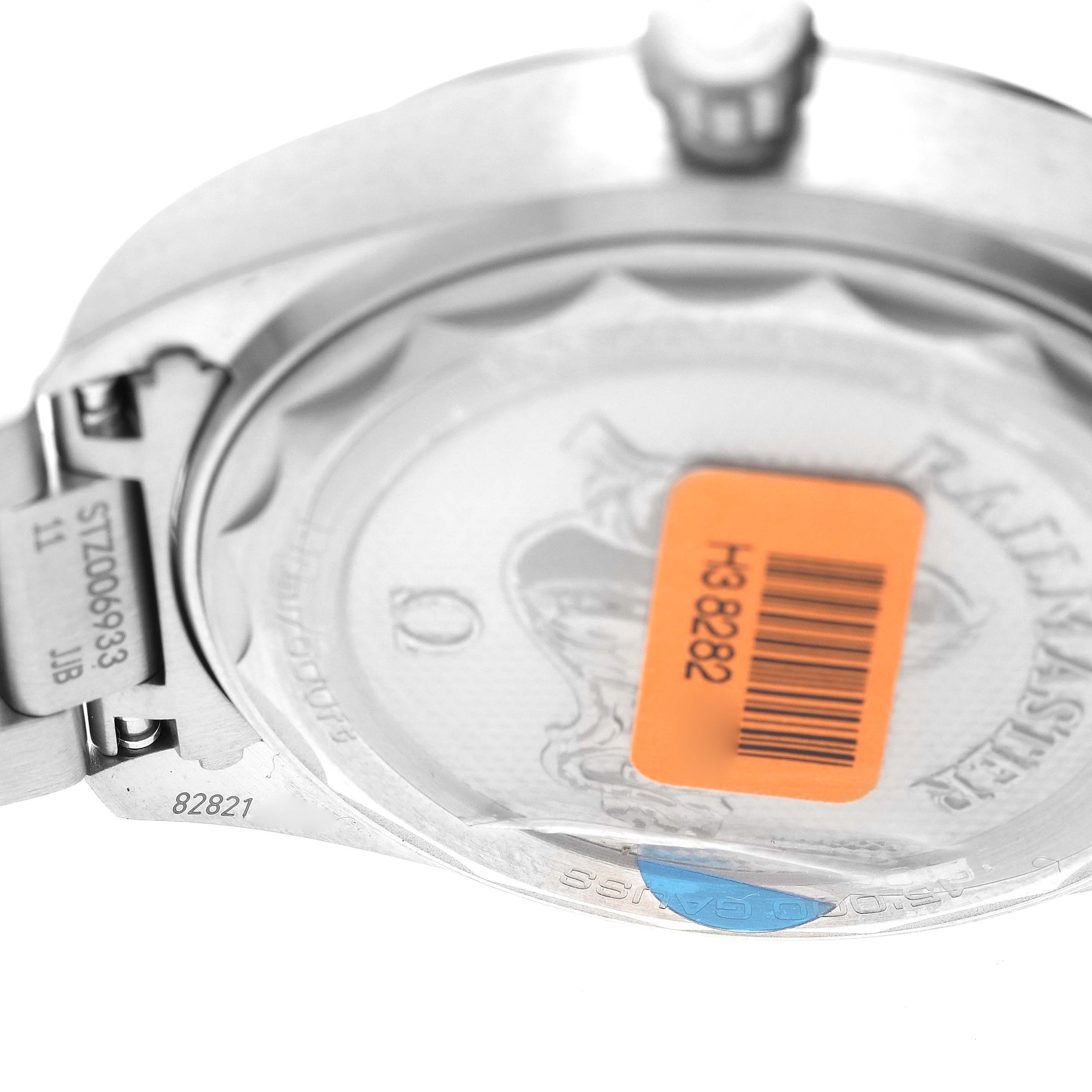 This image shows the back side and clasp of an Omega Seamaster 220.10.40.20.06.001 Men
s Stainless Steel Grey Dial 220.10.40.20.06.001 Men
s Stainless Steel Grey Dial watch, highlighting the case back with a barcode tag.