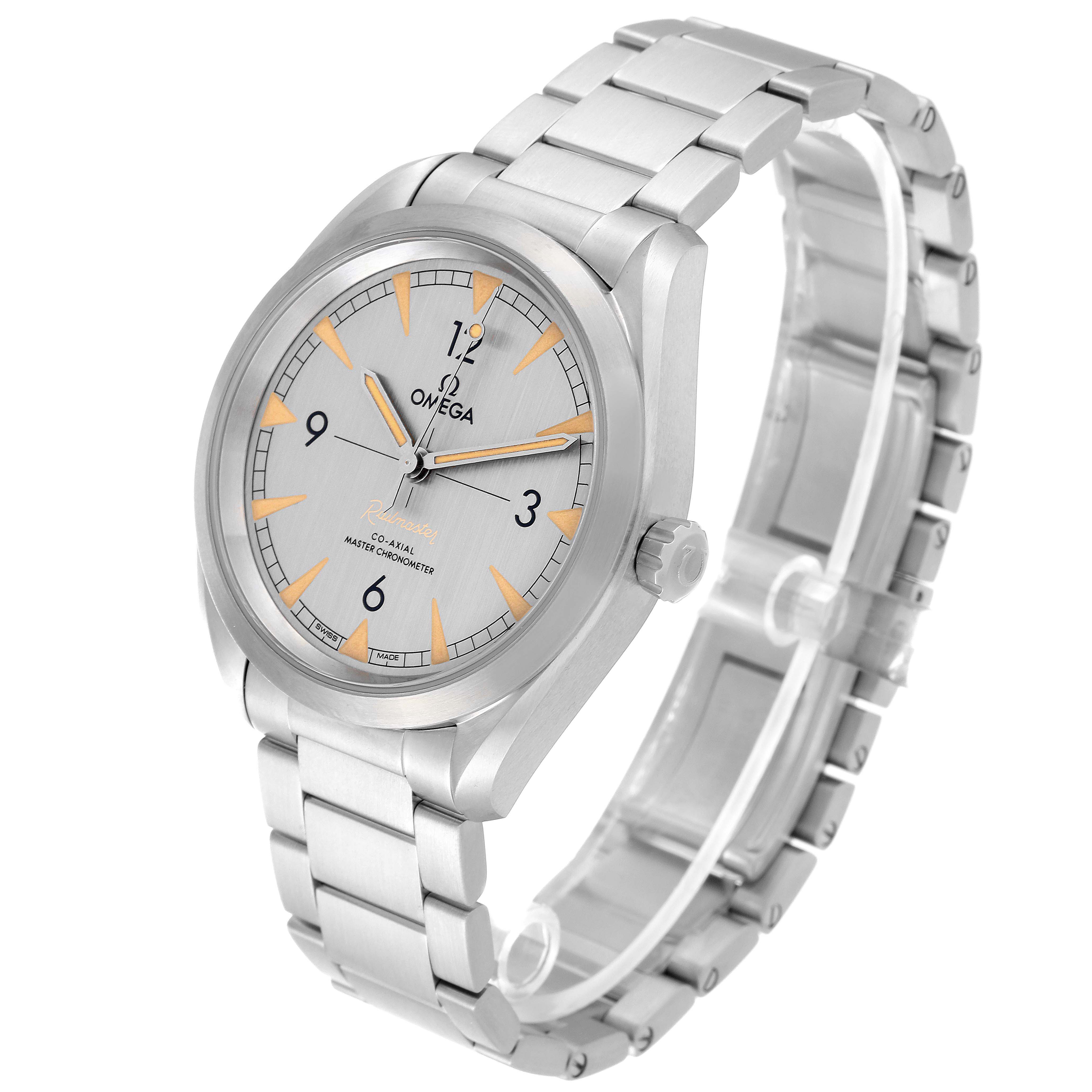 The Omega Seamaster 220.10.40.20.06.001 Men
s Stainless Steel Grey Dial 220.10.40.20.06.001 Men
s Stainless Steel Grey Dial watch is shown at a three-quarter angle, highlighting the dial, crown, and bracelet.