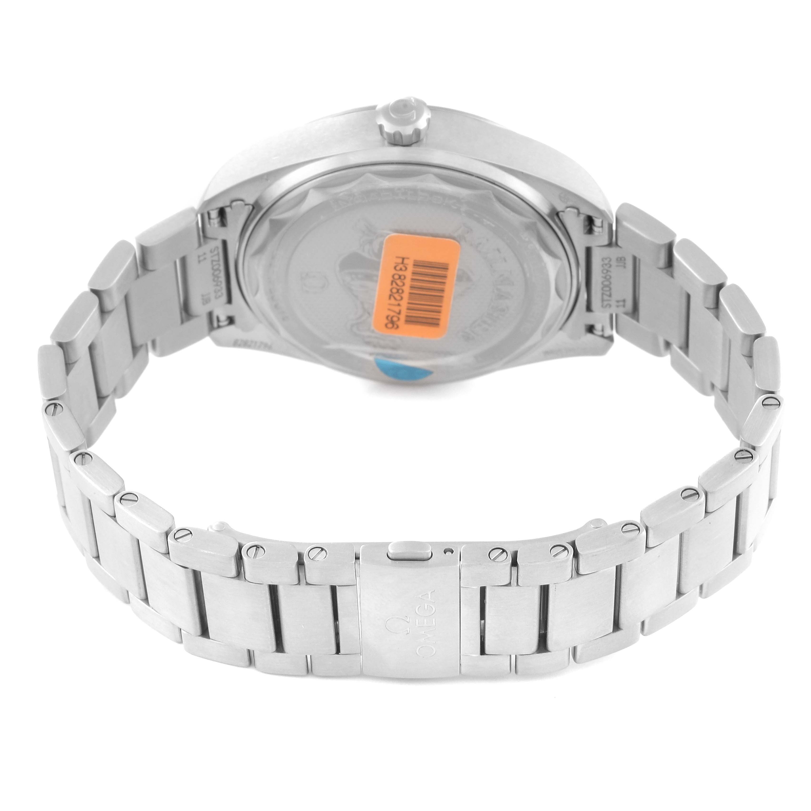 The image shows the back view of an Omega Seamaster 220.10.40.20.06.001 Men
s Stainless Steel Grey Dial 220.10.40.20.06.001 Men
s Stainless Steel Grey Dial watch, highlighting its stainless steel bracelet and closed clasp.