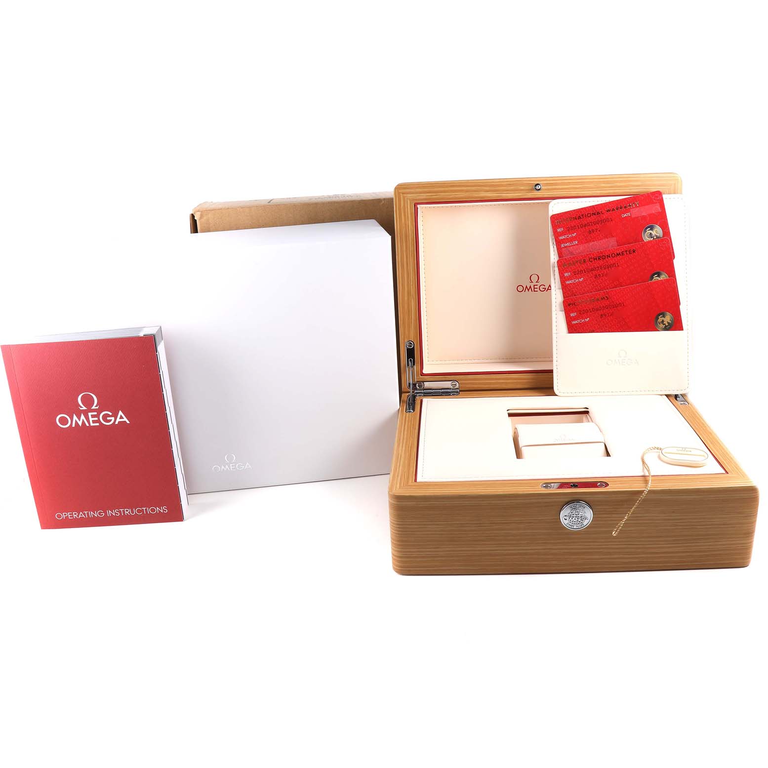 The image shows the packaging for an Omega Seamaster 220.10.40.20.01.001 Men
s Stainless Steel Black Dial 220.10.40.20.01.001 Men
s Stainless Steel Black Dial, including a watch box, cards, operating instructions, and outer box.