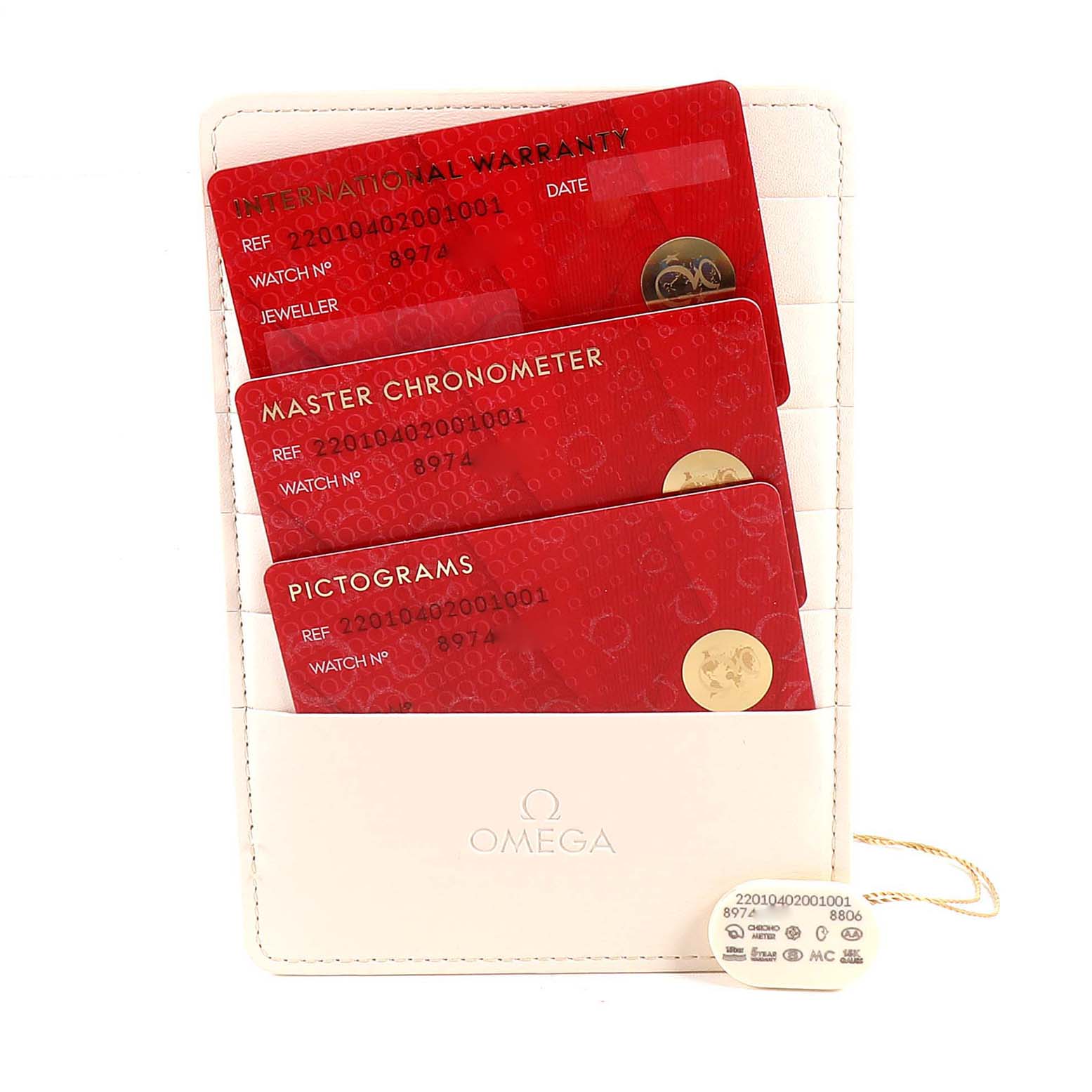 The image shows warranty and certification cards for the Omega Seamaster 220.10.40.20.01.001 Men
s Stainless Steel Black Dial 220.10.40.20.01.001 Men
s Stainless Steel Black Dial, along with an Omega cardholder and a tag.