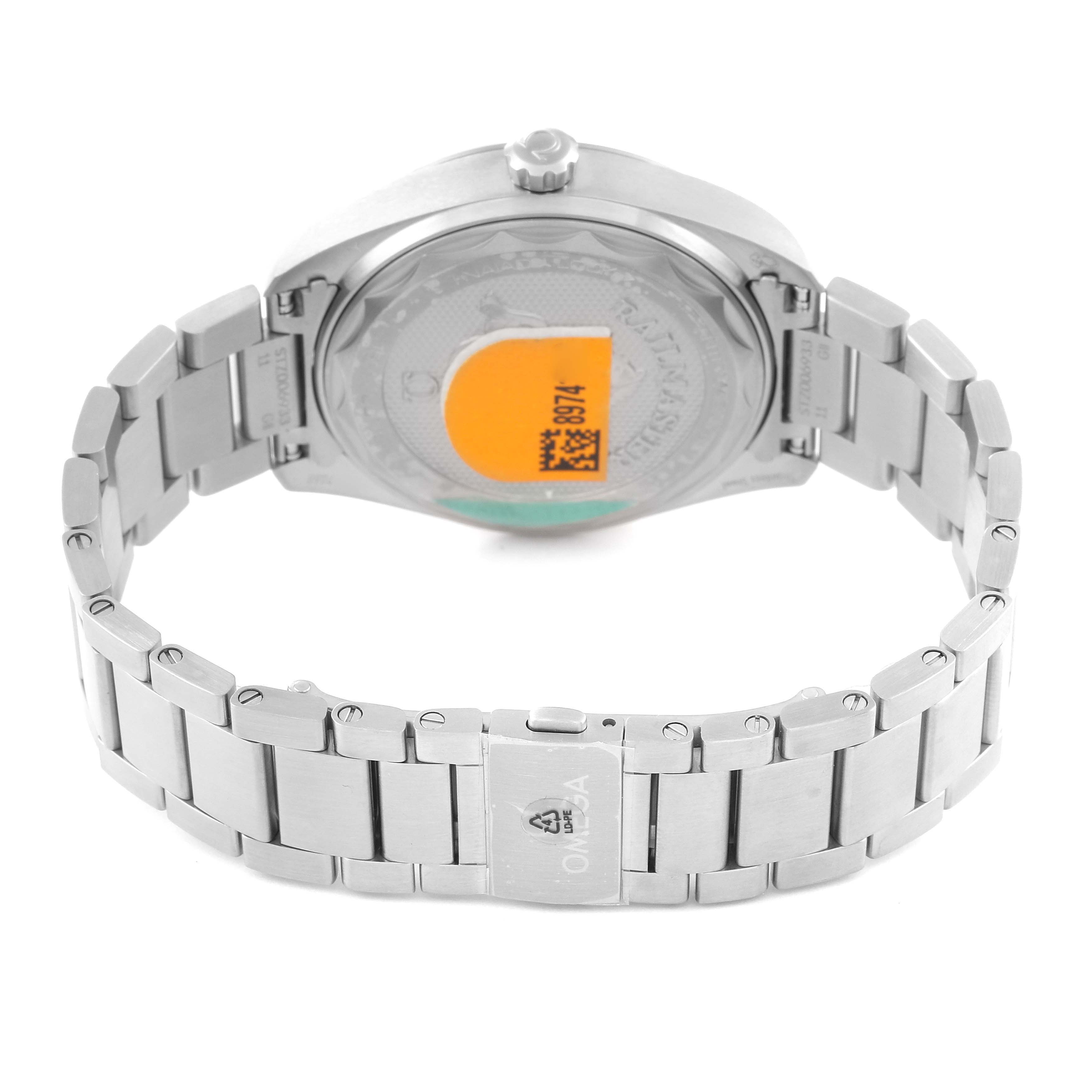 This image shows the back view of the Omega Seamaster 220.10.40.20.01.001 Men
s Stainless Steel Black Dial 220.10.40.20.01.001 Men
s Stainless Steel Black Dial watch, focusing on the case back and metal bracelet.