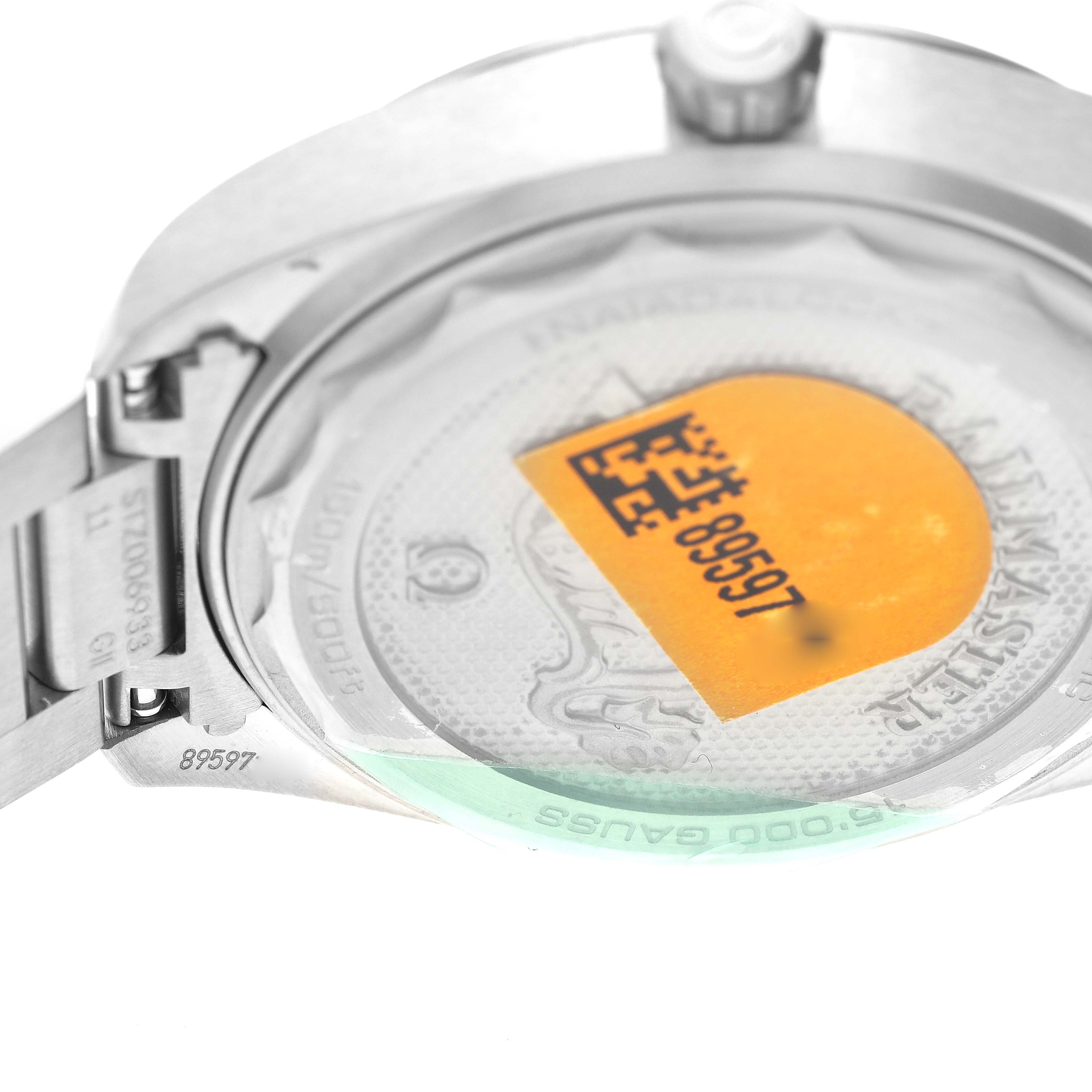 The image shows the case back and bracelet attachment of an Omega Seamaster 220.10.40.20.01.001 Men
s Stainless Steel Black Dial 220.10.40.20.01.001 Men
s Stainless Steel Black Dial watch from a close-up and angled view.