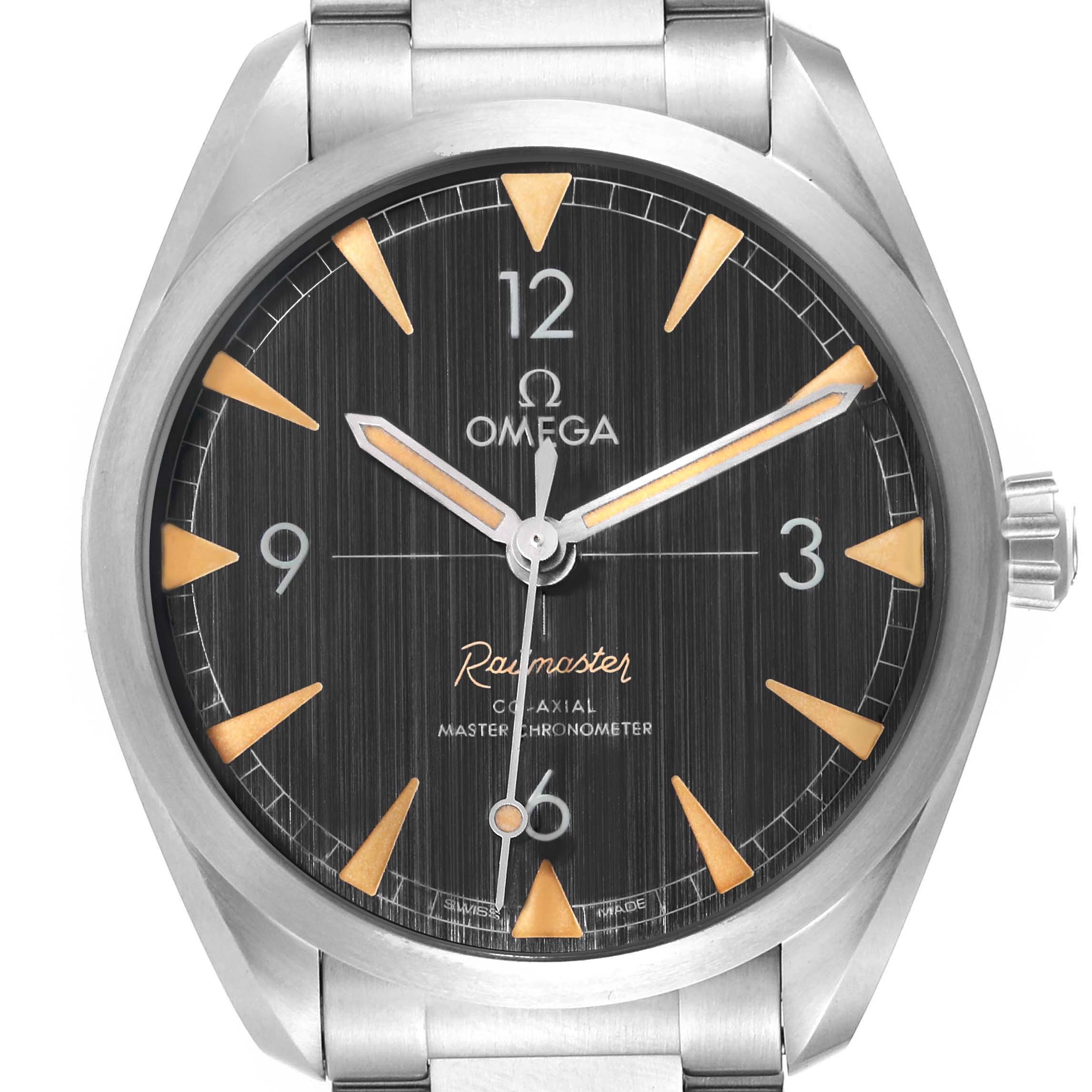 The image shows a frontal view of the Omega Seamaster 220.10.40.20.01.001 Men
s Stainless Steel Black Dial 220.10.40.20.01.001 Men
s Stainless Steel Black Dial watch, displaying its face, hands, markers, and part of the bracelet.