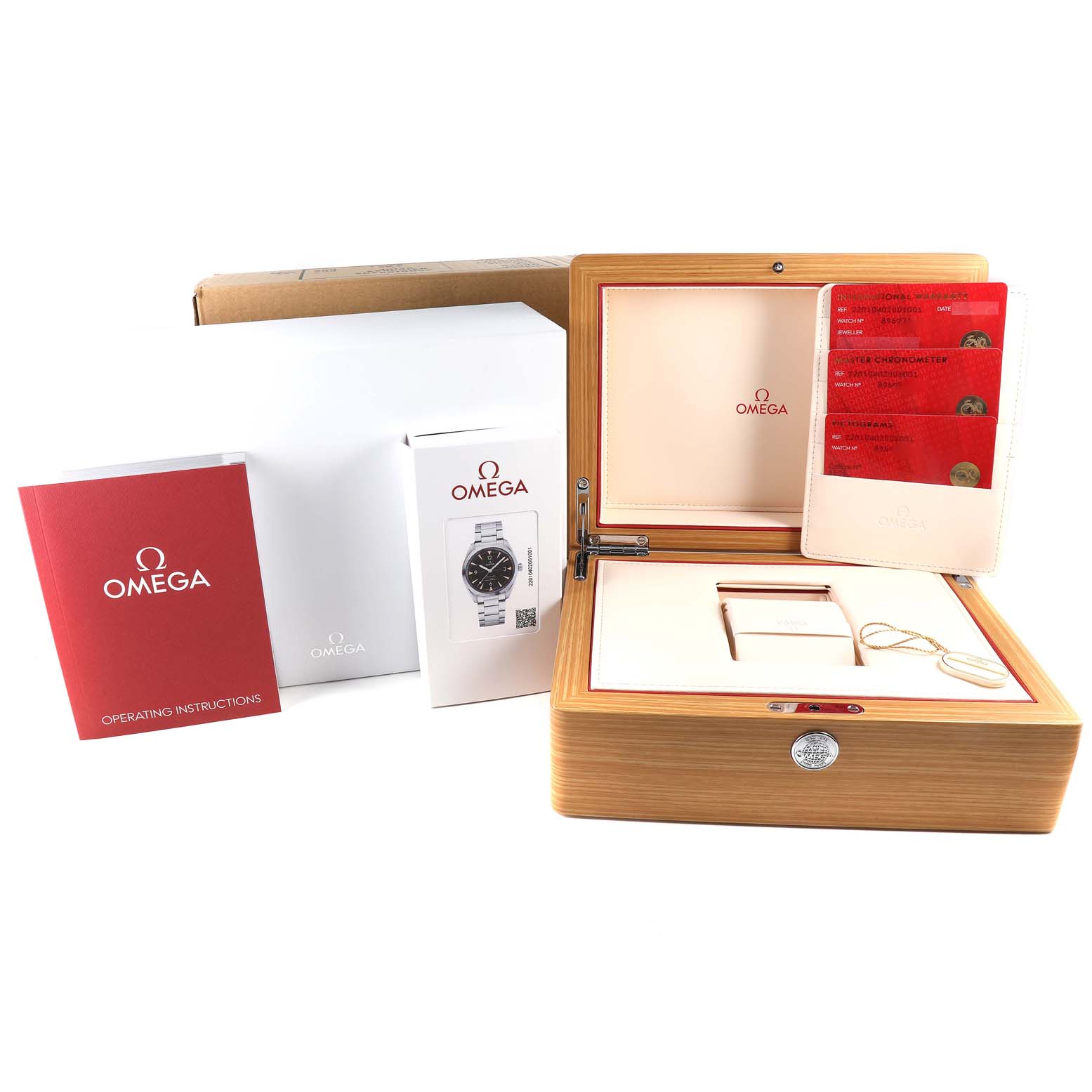 The image shows the packaging with the box and accessories for the Omega Seamaster 220.10.40.20.01.001 Men
s Stainless Steel Black Dial 220.10.40.20.01.001 Men
s Stainless Steel Black Dial watch, including manuals and warranty cards.