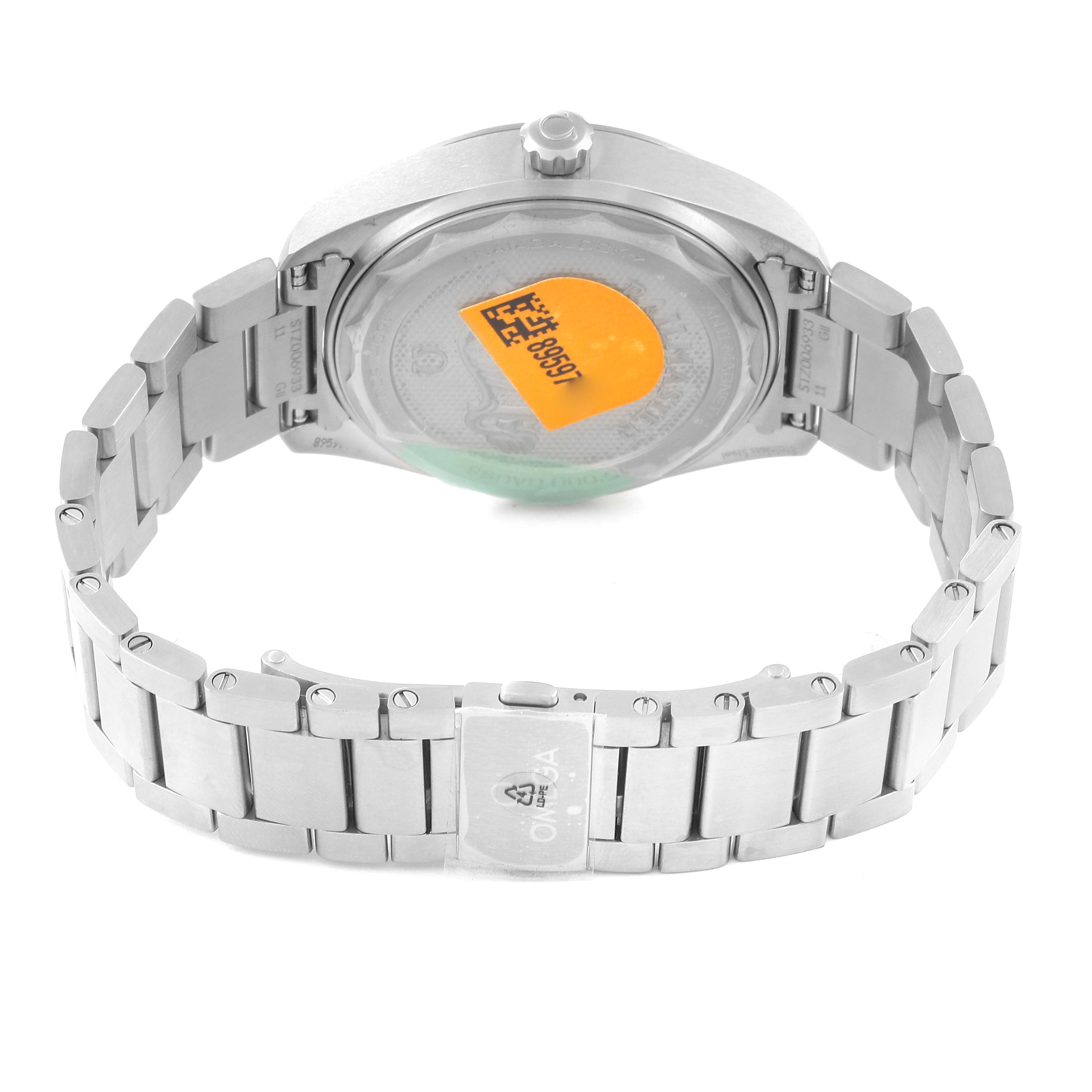 The image shows the back view of an Omega Seamaster 220.10.40.20.01.001 Men
s Stainless Steel Black Dial 220.10.40.20.01.001 Men
s Stainless Steel Black Dial watch, highlighting the case back and bracelet.