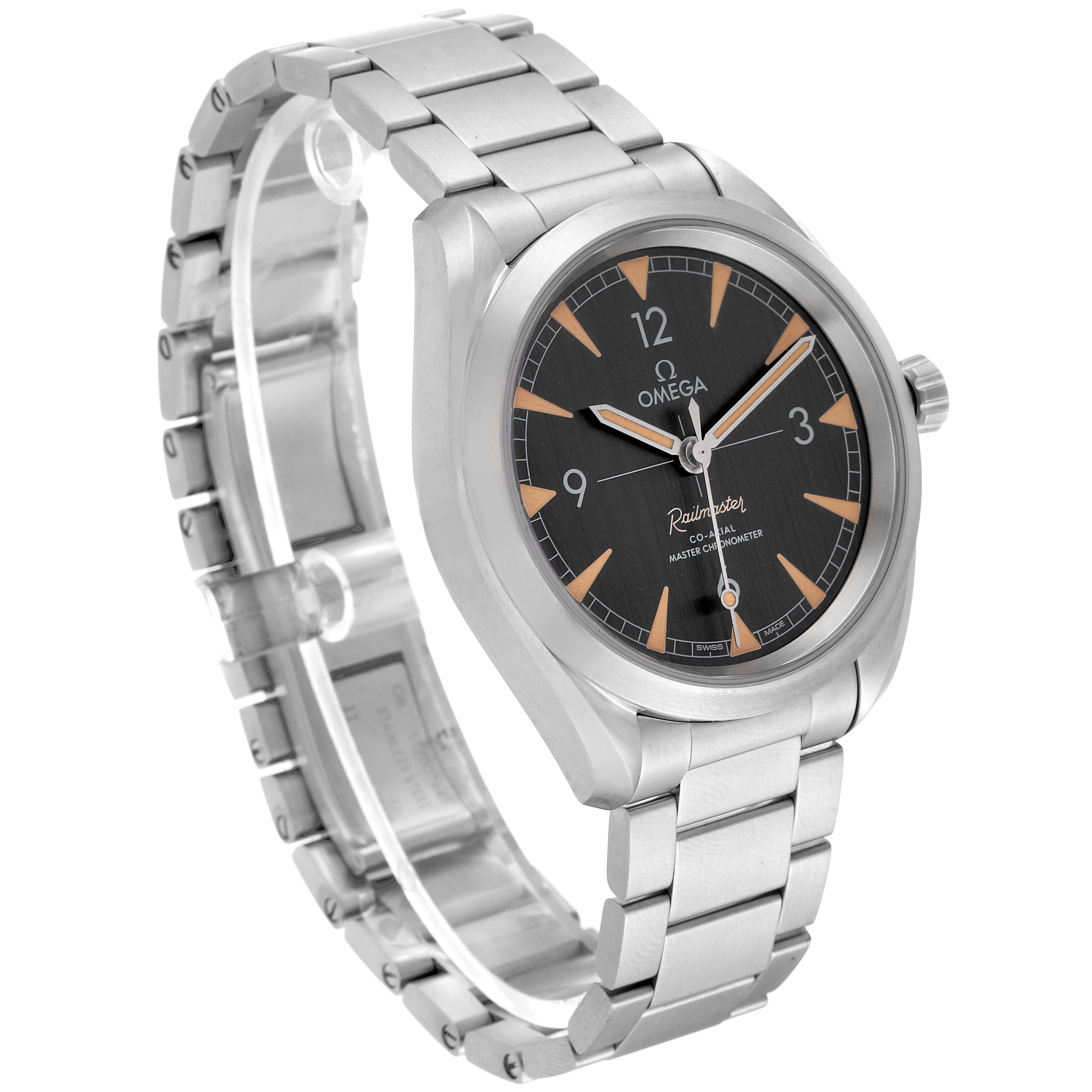 The Omega Seamaster 220.10.40.20.01.001 Men
s Stainless Steel Black Dial 220.10.40.20.01.001 Men
s Stainless Steel Black Dial watch is shown at a three-quarter angle, highlighting its face, bezel, and stainless steel bracelet.