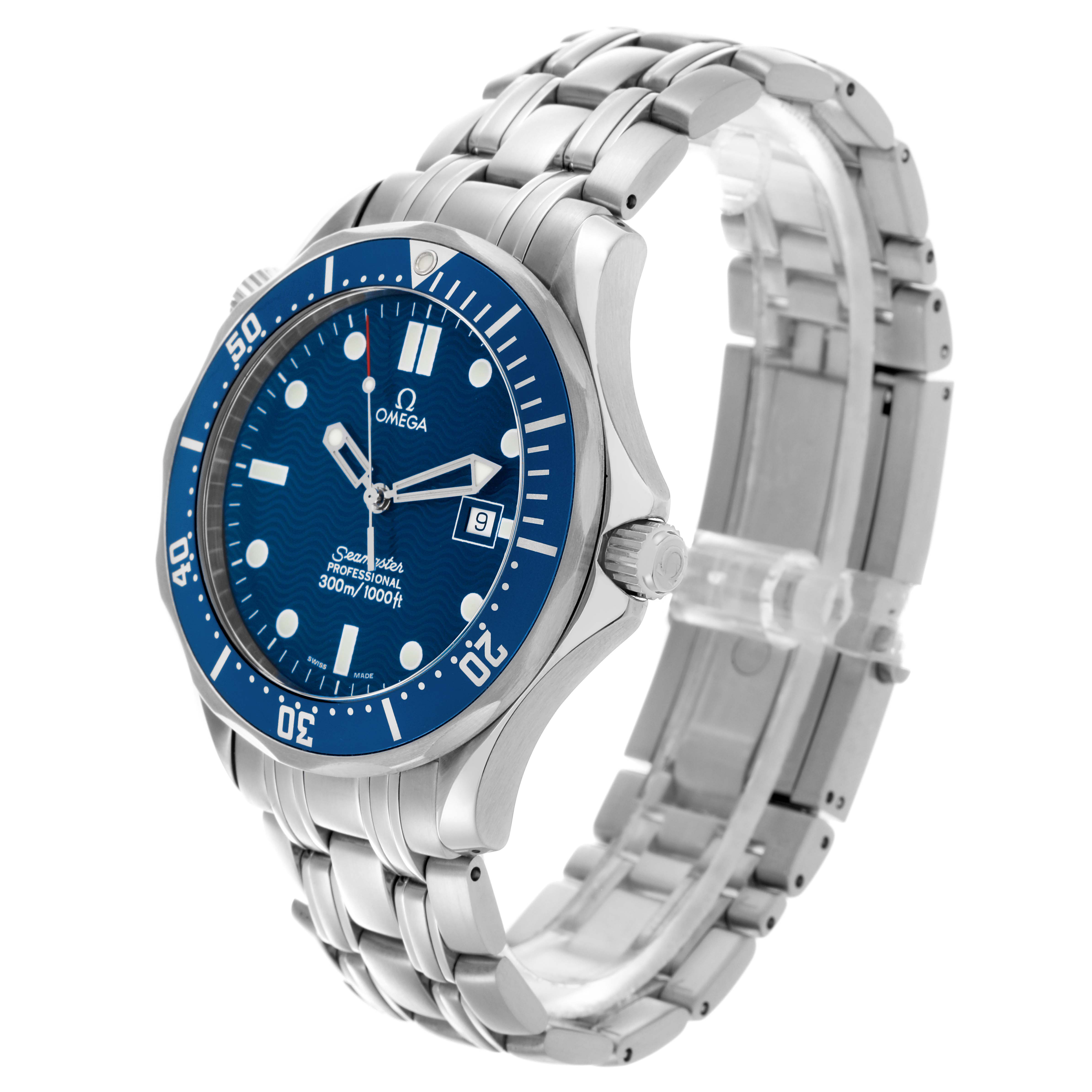 The Omega Seamaster 2541.80.00 Men's Stainless Steel Blue Dial 2541.80.00 Men's Stainless Steel Blue Dial watch is shown at a three-quarter angle, displaying the face, bezel, crown, and metal bracelet.
