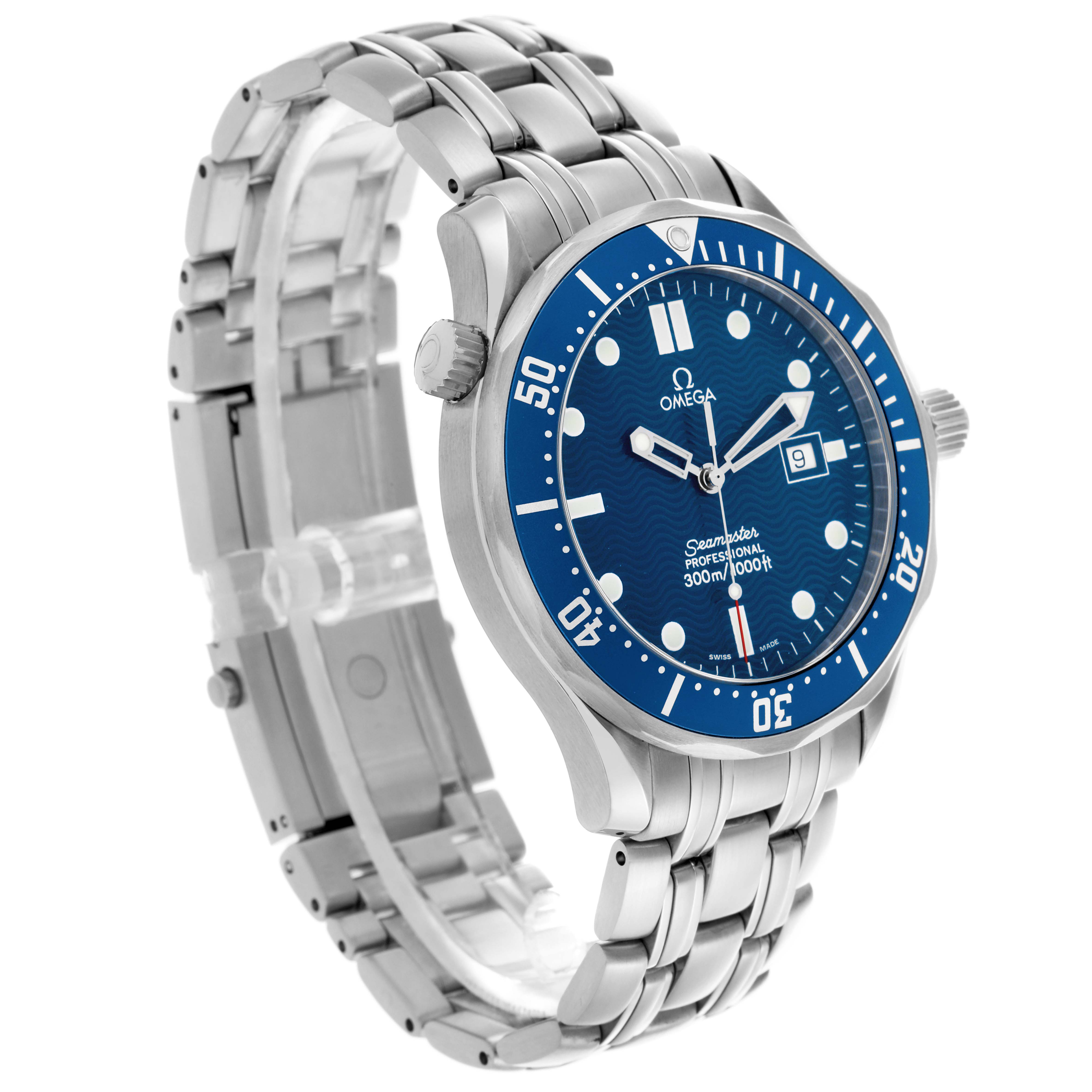 The Omega Seamaster 2541.80.00 Men's Stainless Steel Blue Dial 2541.80.00 Men's Stainless Steel Blue Dial watch is shown from an angled side view, highlighting the blue dial, bezel, and stainless steel bracelet.