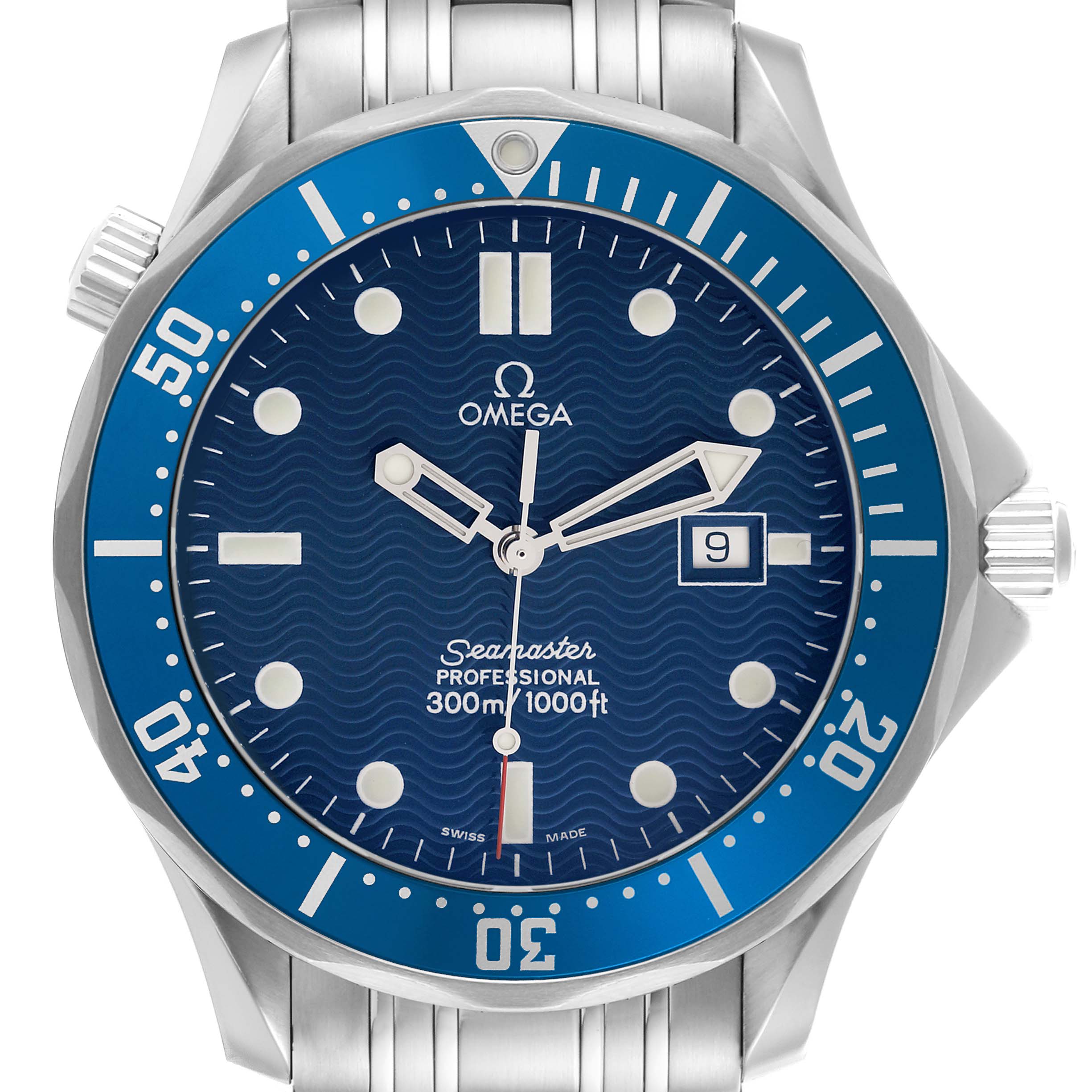 The image shows a frontal view of the Omega Seamaster 2541.80.00 Men's Stainless Steel Blue Dial 2541.80.00 Men's Stainless Steel Blue Dial, highlighting the dial, bezel, and part of the bracelet.