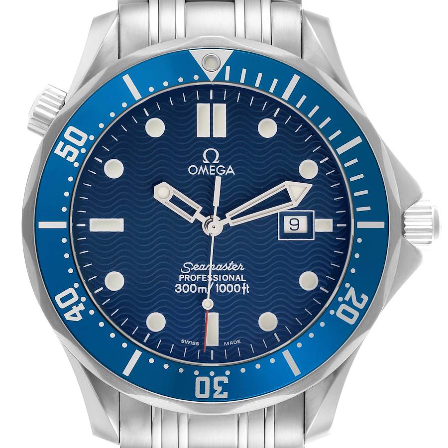 The image shows a frontal view of the Omega Seamaster, highlighting the dial, bezel, and part of the bracelet.