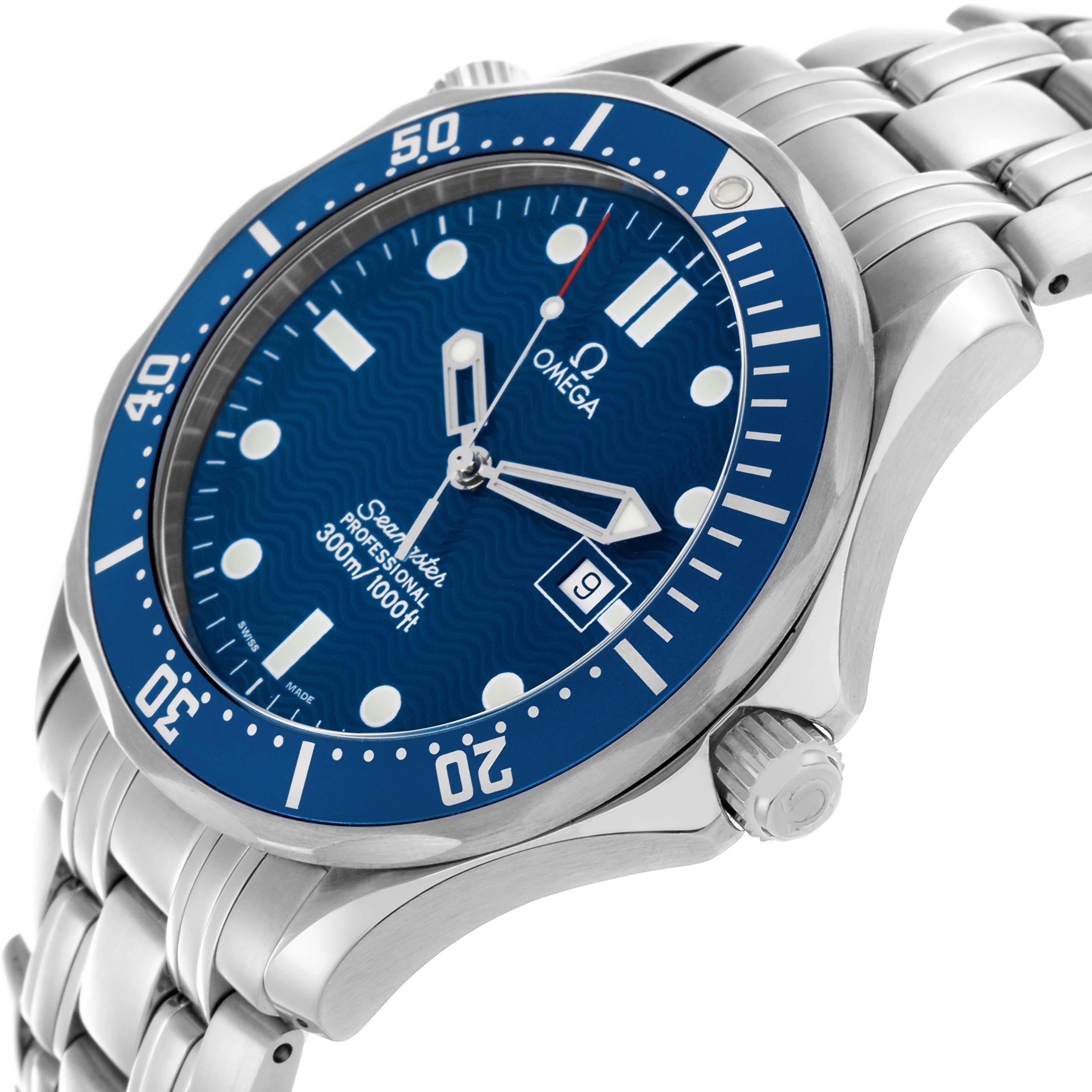 The Omega Seamaster 2541.80.00 Men's Stainless Steel Blue Dial 2541.80.00 Men's Stainless Steel Blue Dial watch is shown at an angle highlighting the face, bezel, crown, and bracelet.